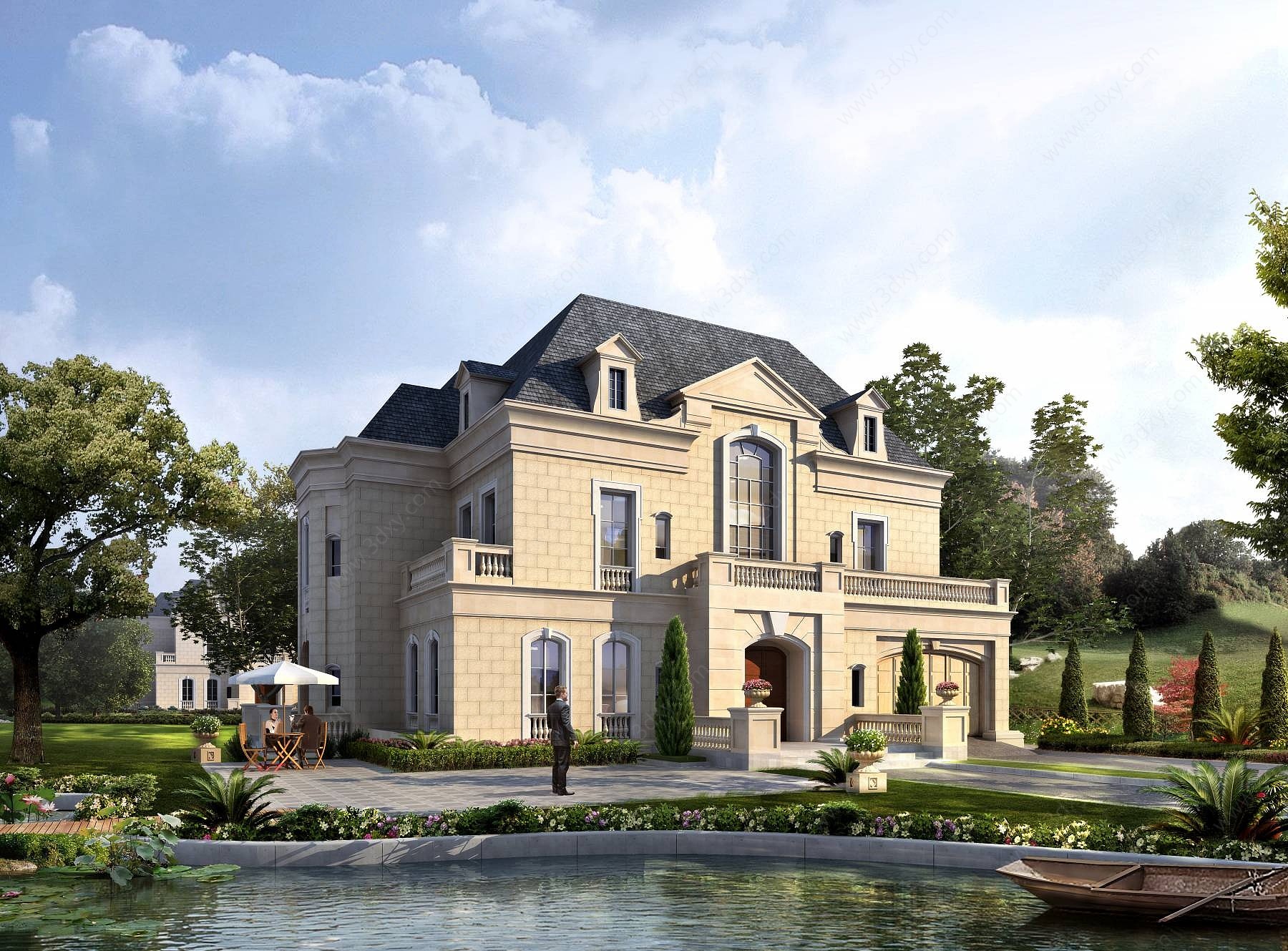 欧式法式独栋别墅建筑外观3D模型