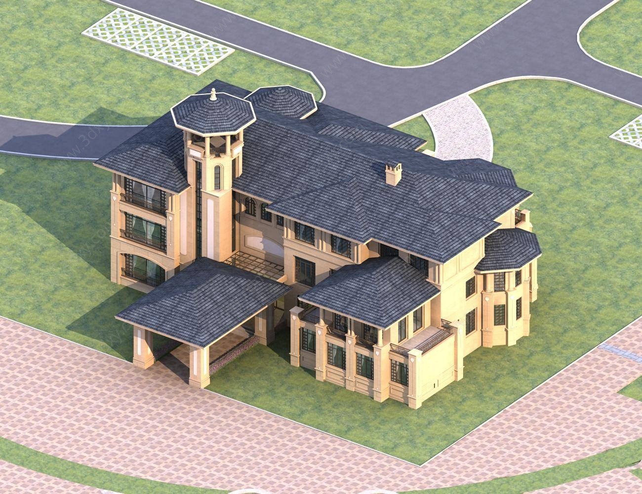 欧式独栋别墅会所建筑外观3D模型