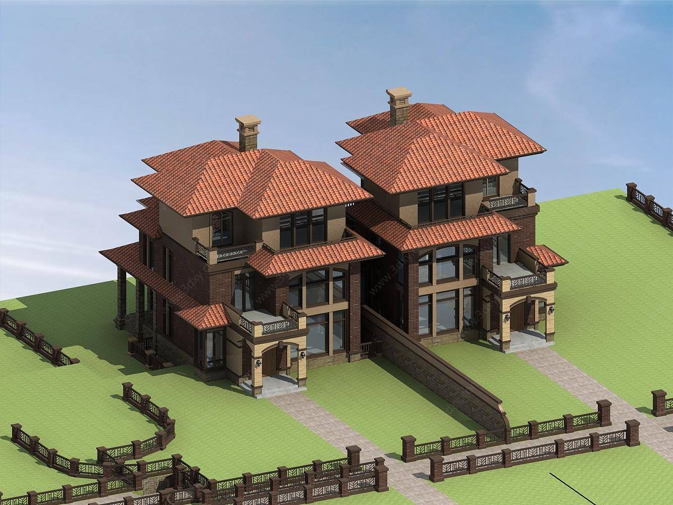欧式双拼别墅建筑外观3D模型