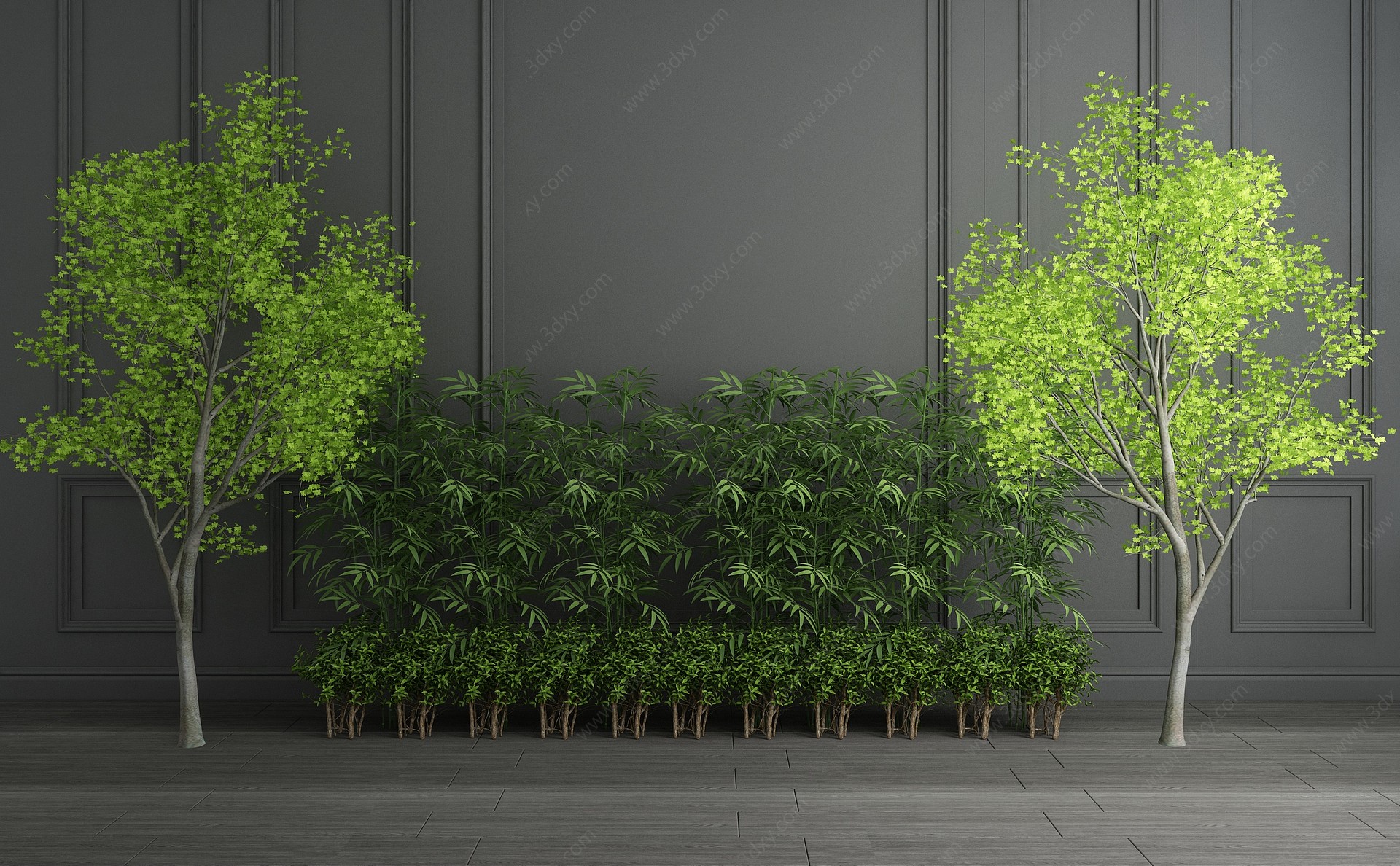 现代户外枫树绿植竹子组合3D模型