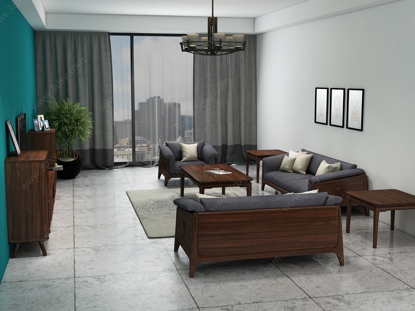 现代客厅实木沙发茶几家具3D模型