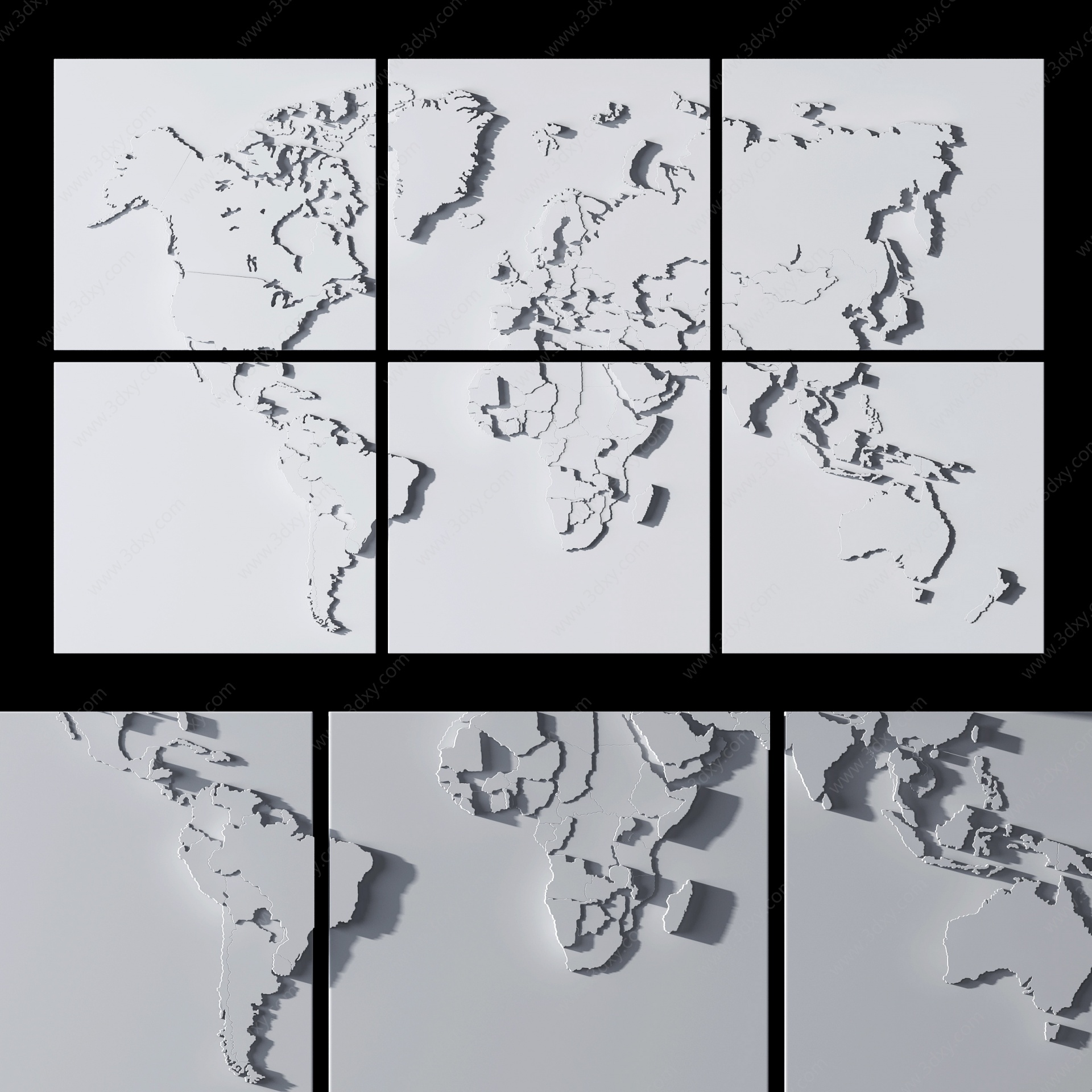 现代世界地图浮雕壁挂件3D模型