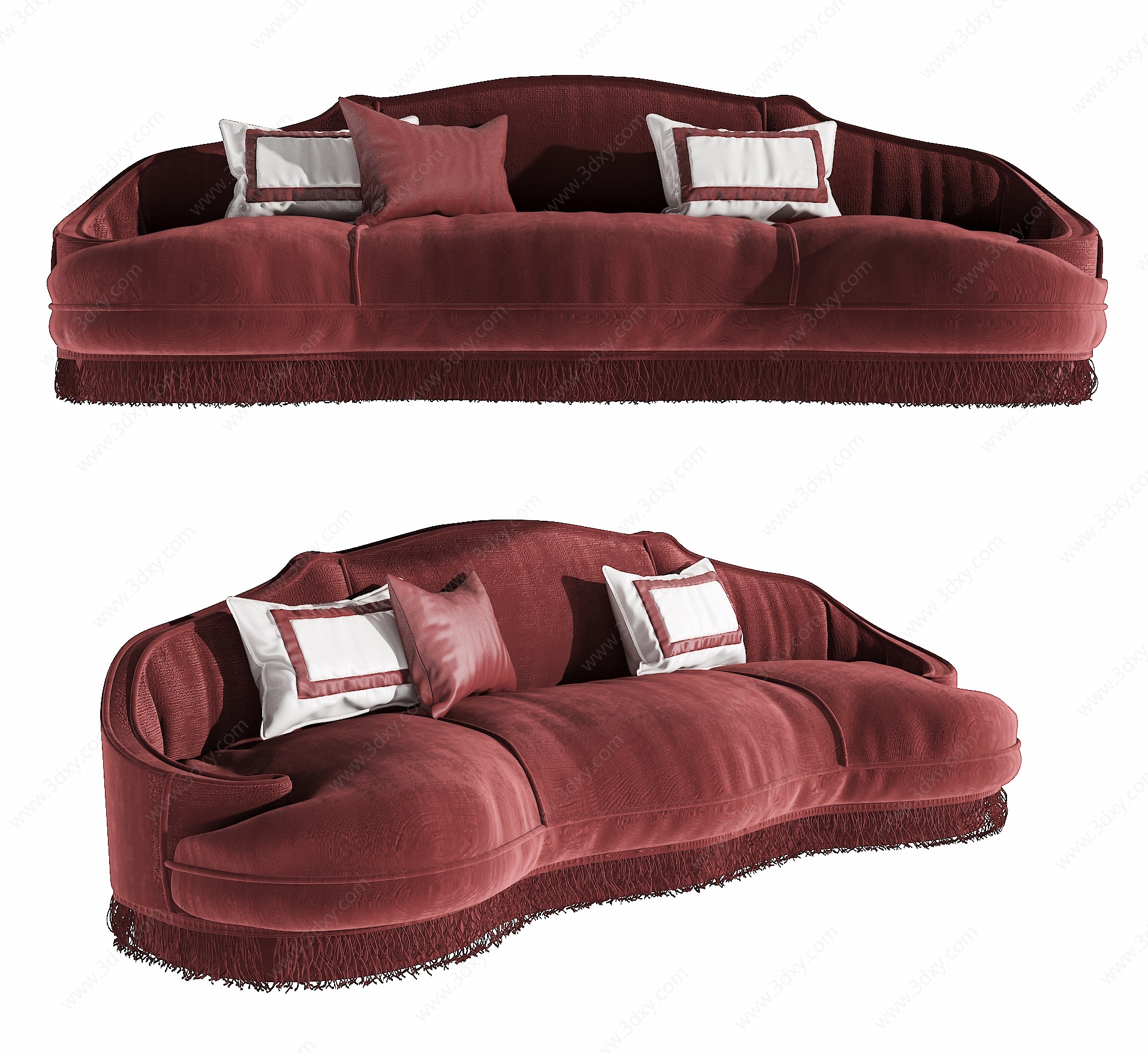 美式红色绒布多人沙发3D模型