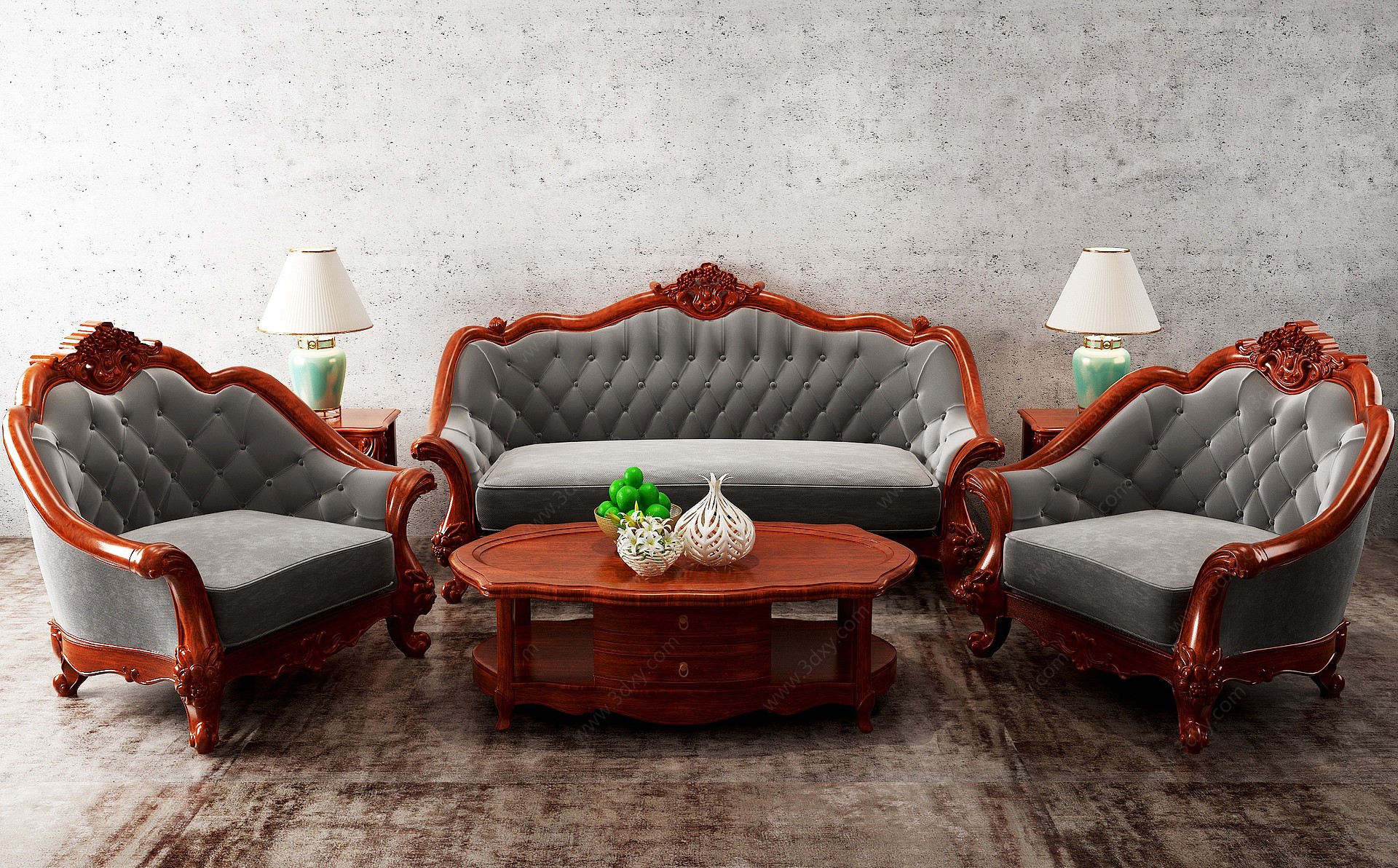美式实木皮革沙发组合3D模型