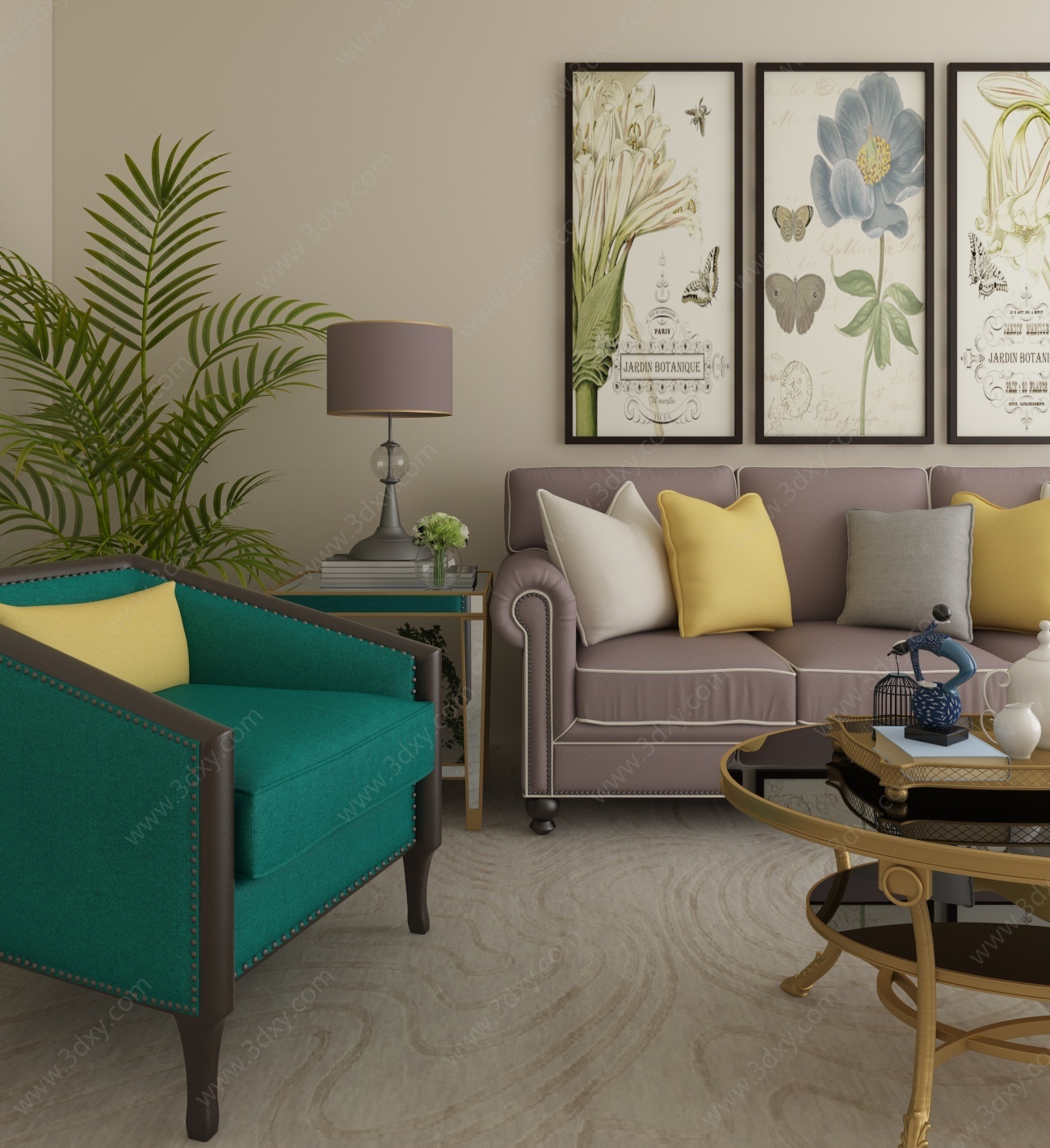 美式客厅沙发椅子组合3D模型