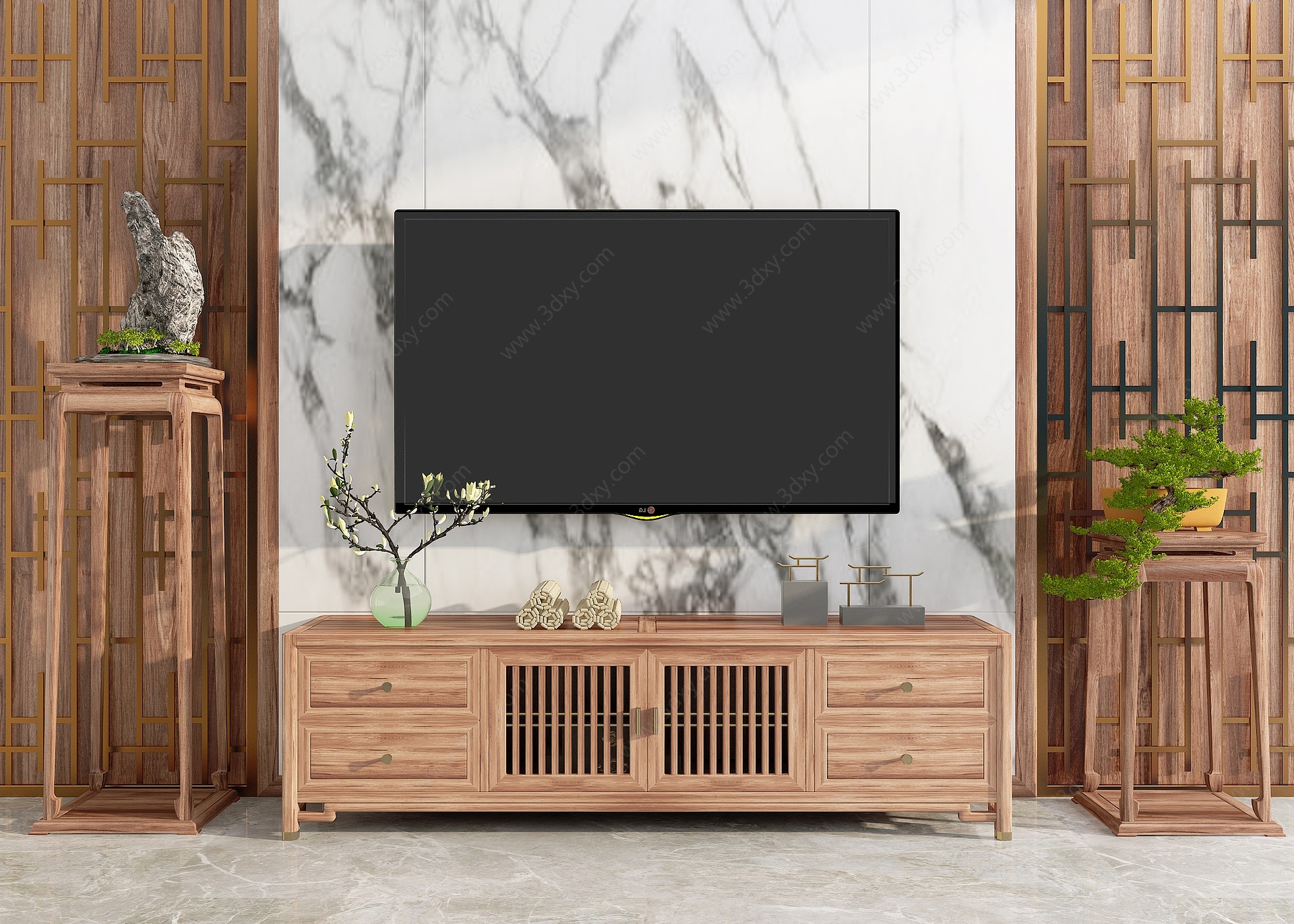 新中式实木电视柜3D模型