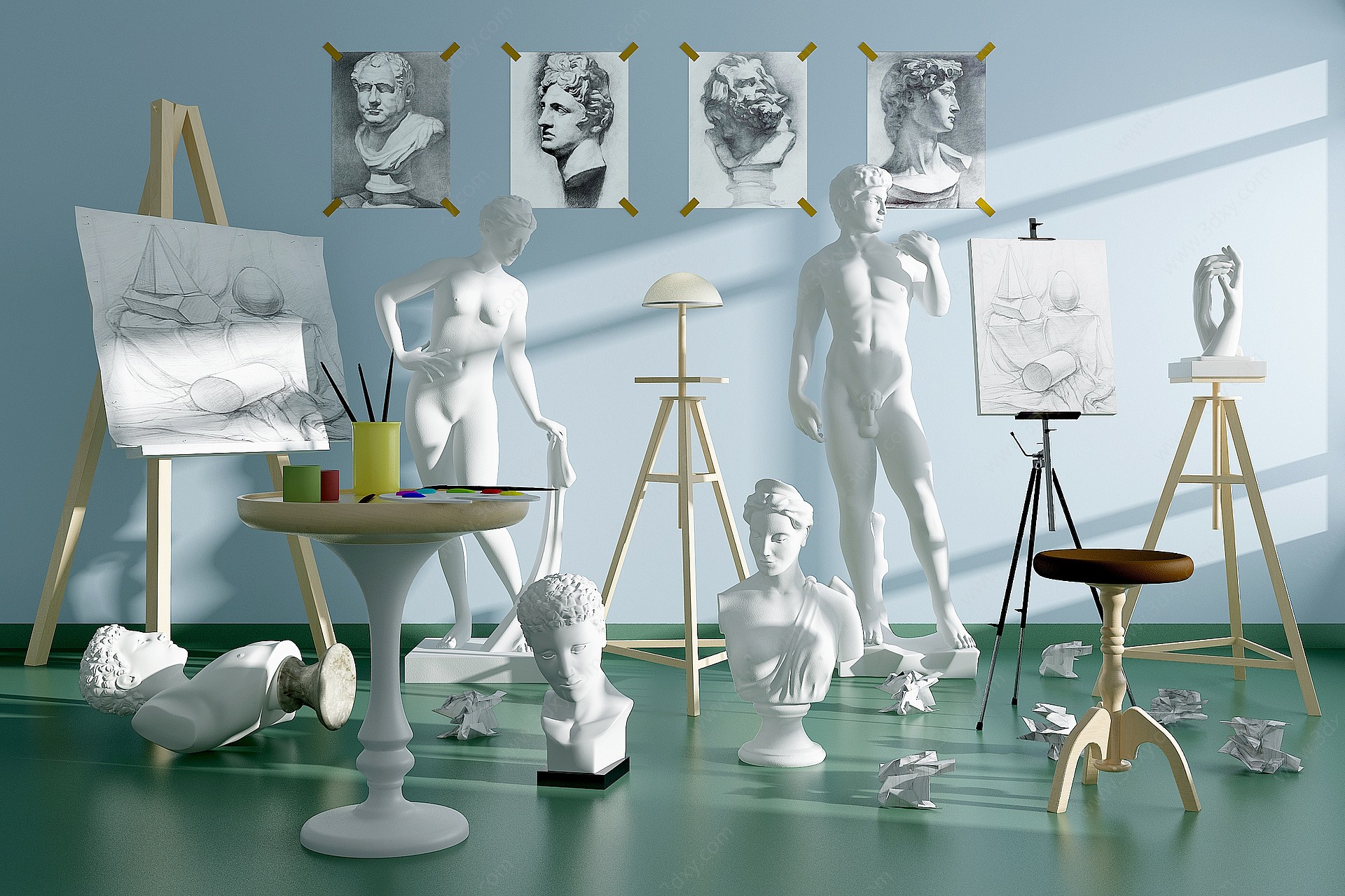 现代画室人物雕像3D模型