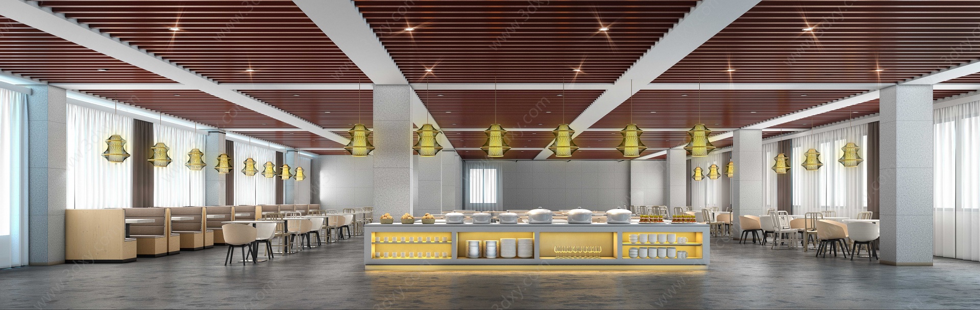 新中式食堂饭厅公共空间3D模型