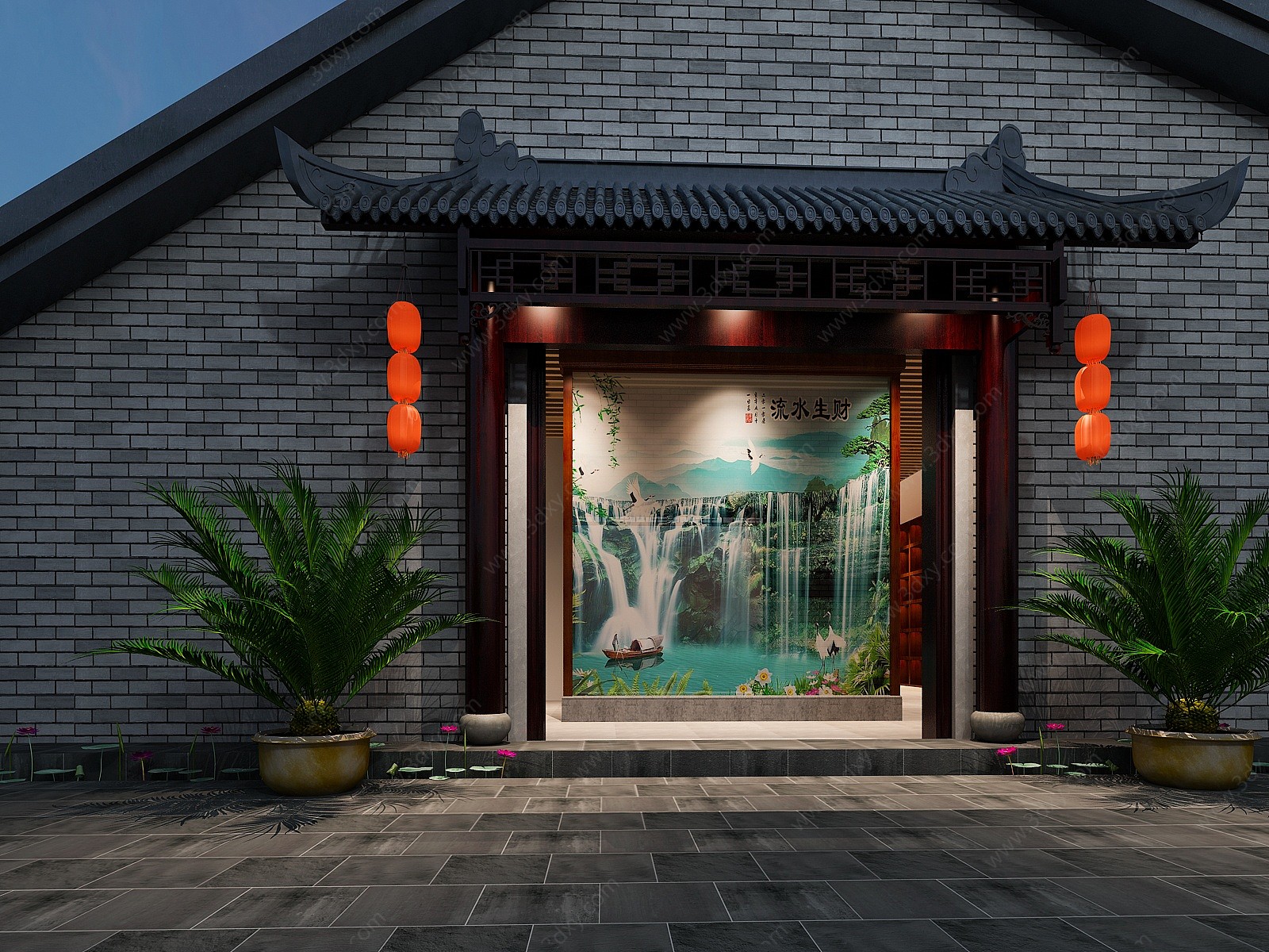 新中式门头屋檐瓦片灯笼3D模型
