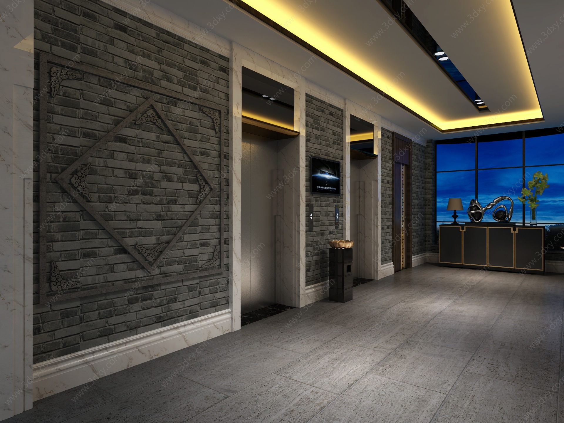 中式酒店电梯间装饰线3D模型