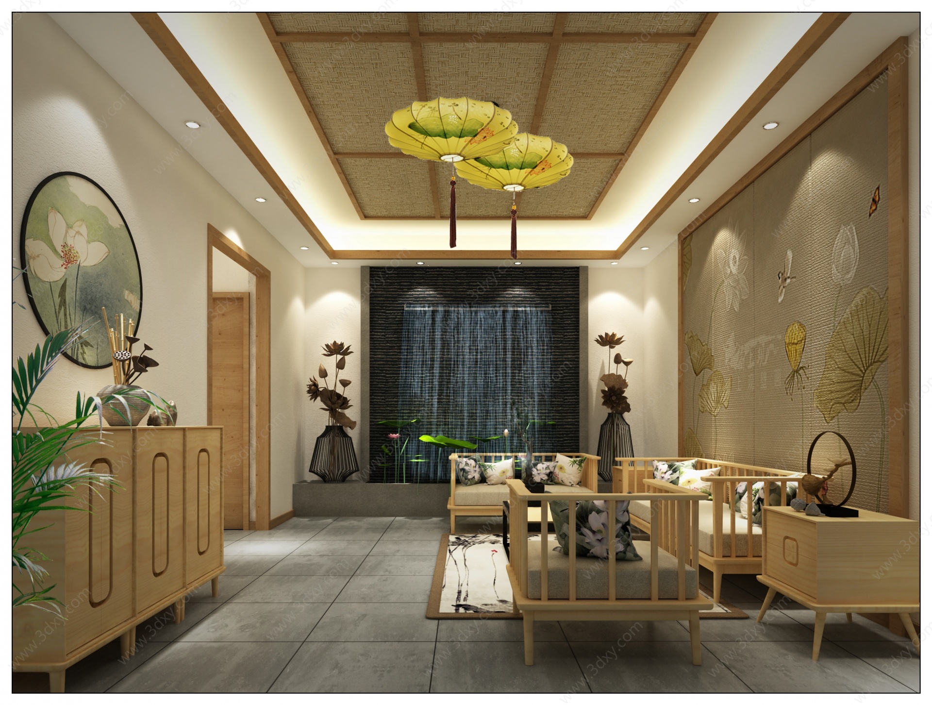 新中式民宿鲜花大厅3D模型
