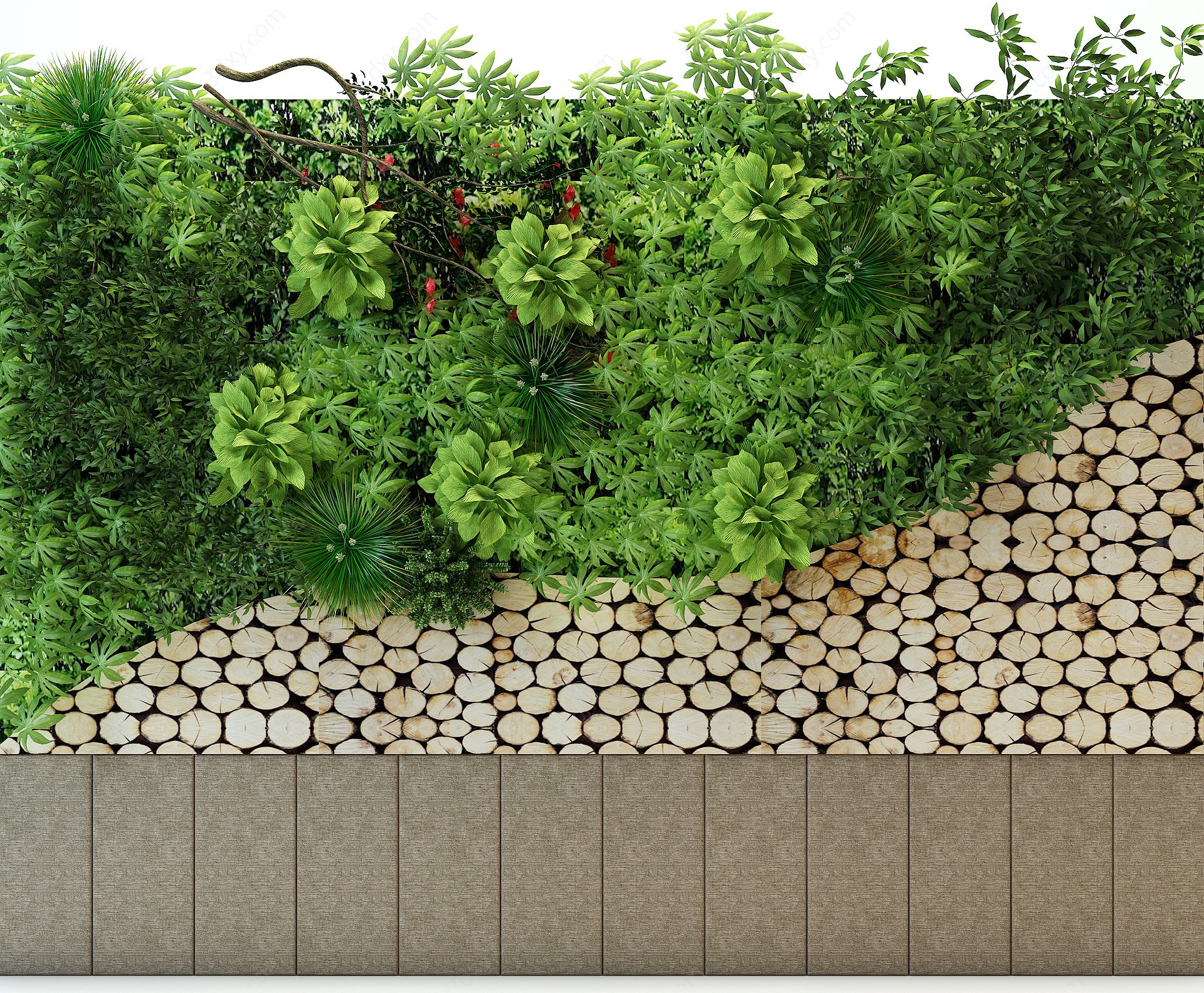 现代圆木绿植植物背景墙3D模型