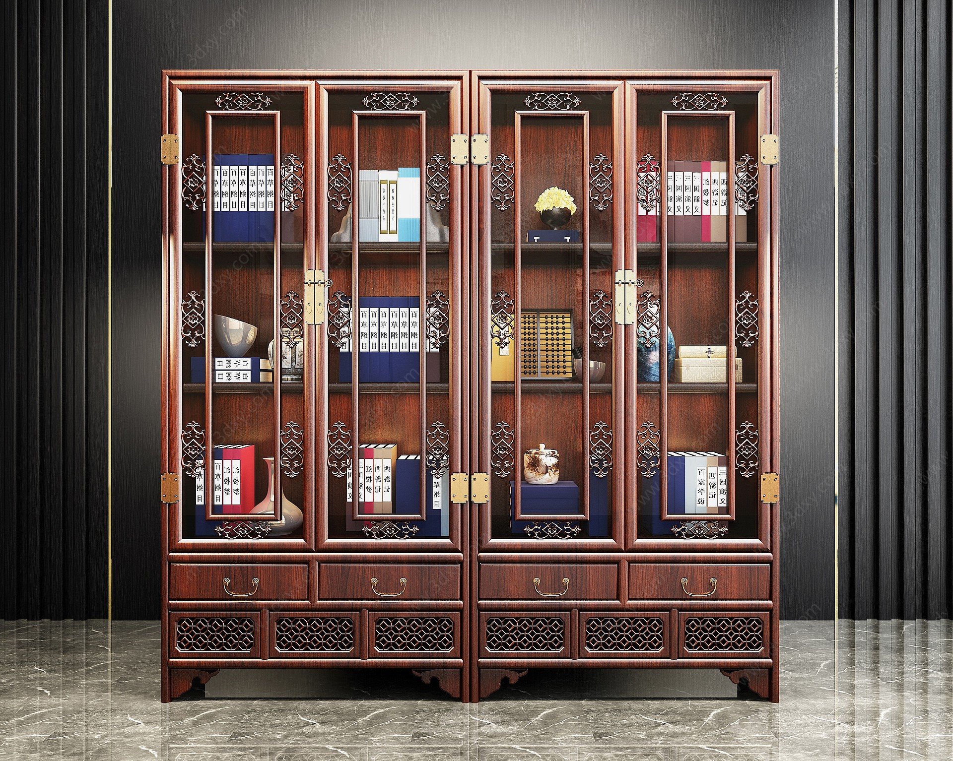 中式古典红木实木雕花书柜3D模型