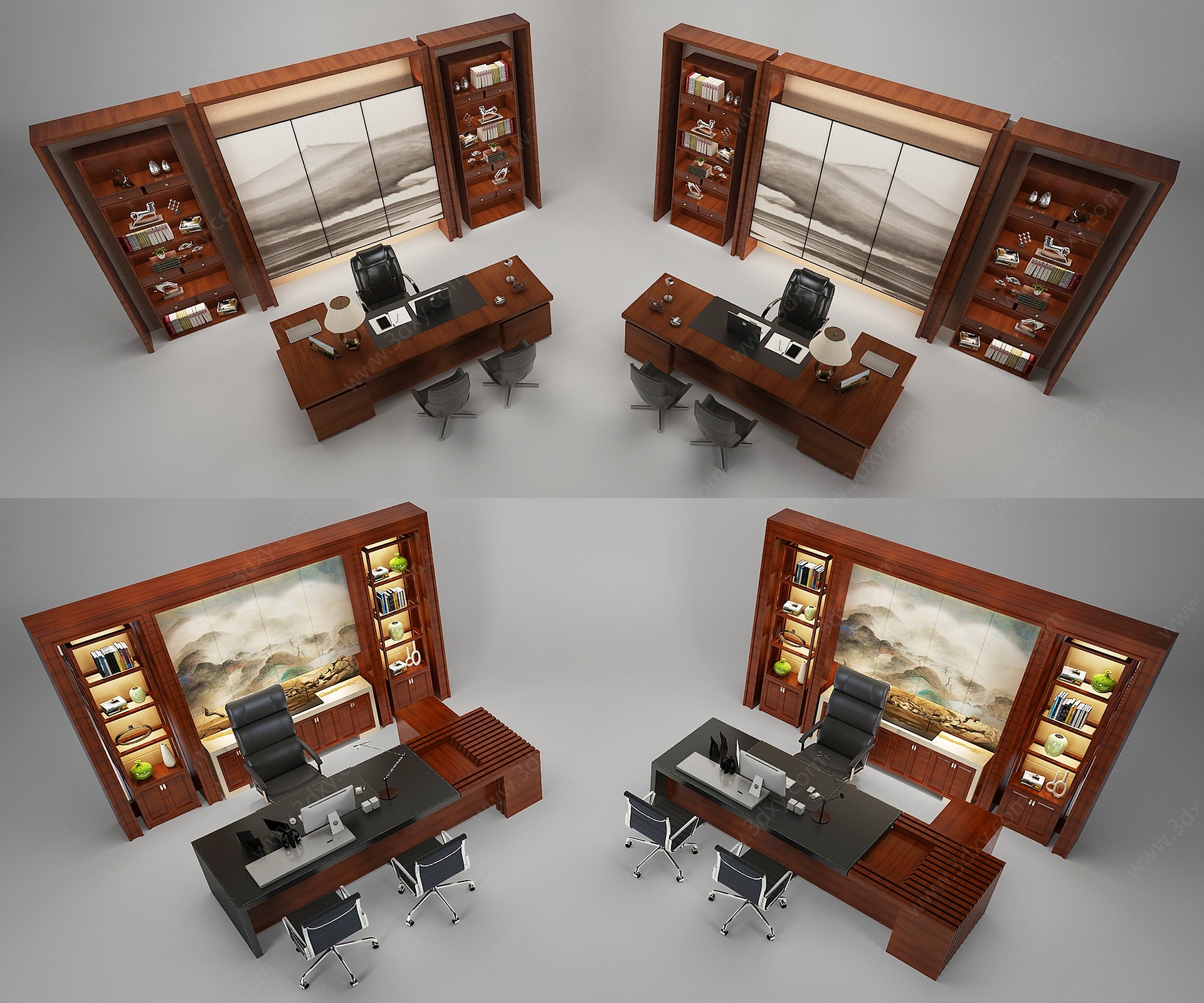 新中式办公桌椅3D模型