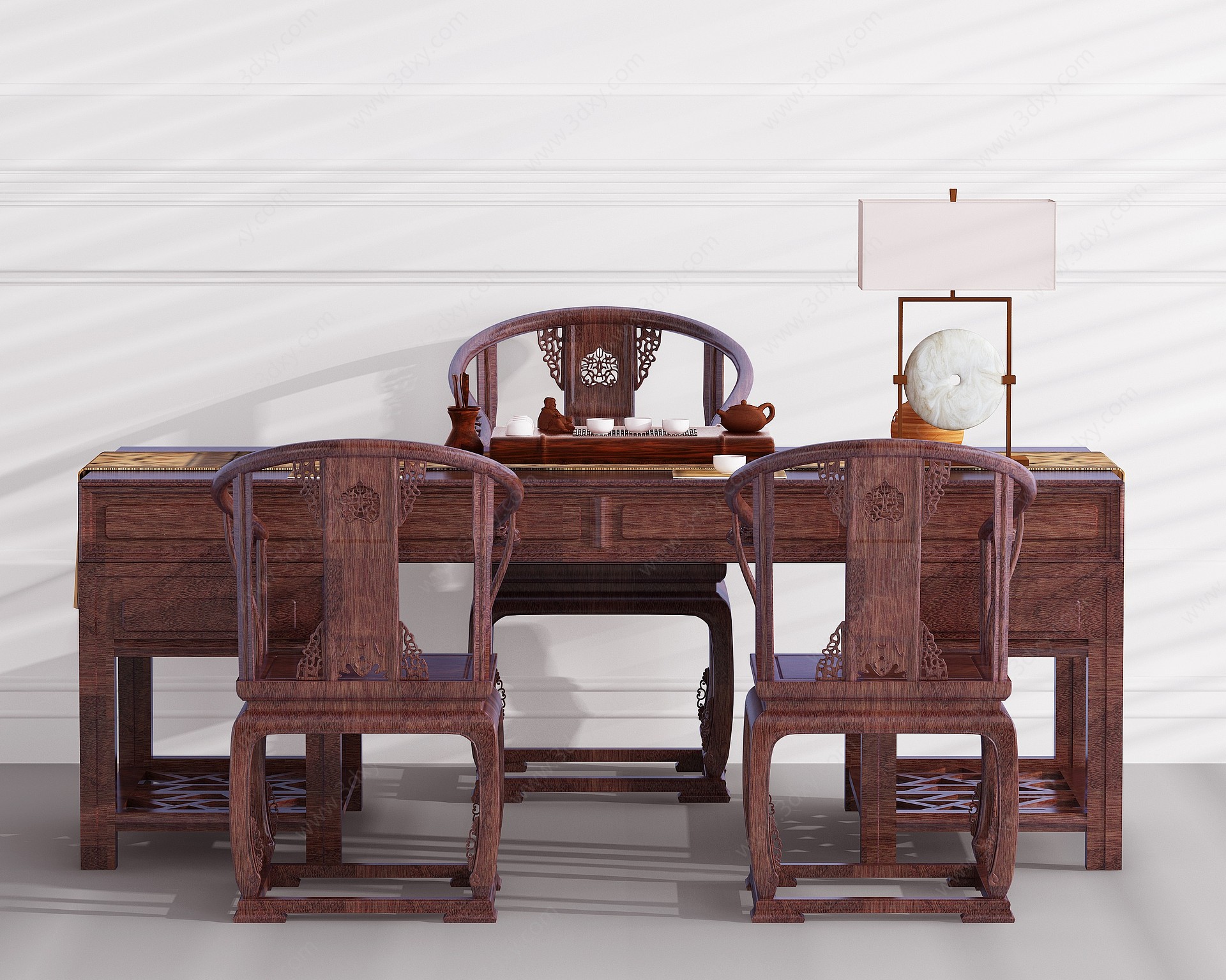中式古典红木实木办公桌椅3D模型