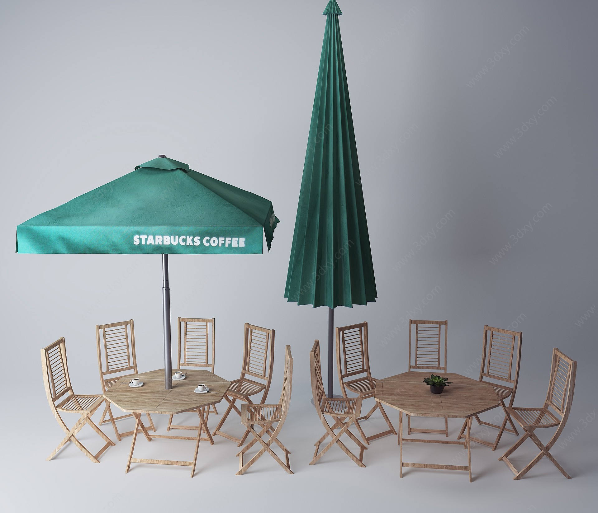 现代实木户外桌椅遮阳伞3D模型