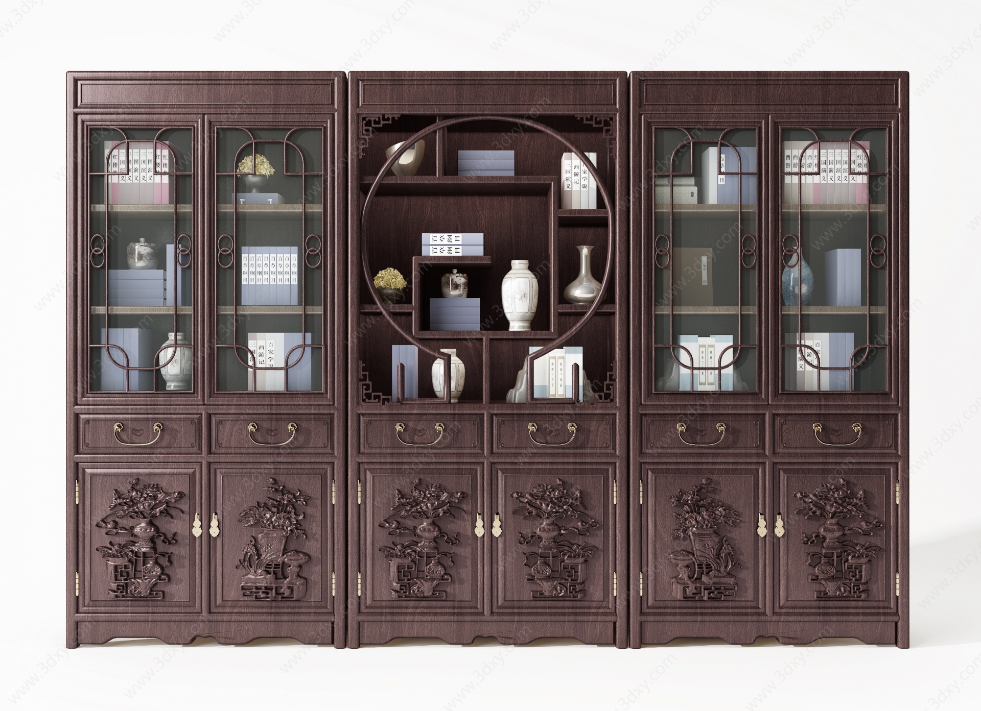 中式古典红木雕花书柜3D模型