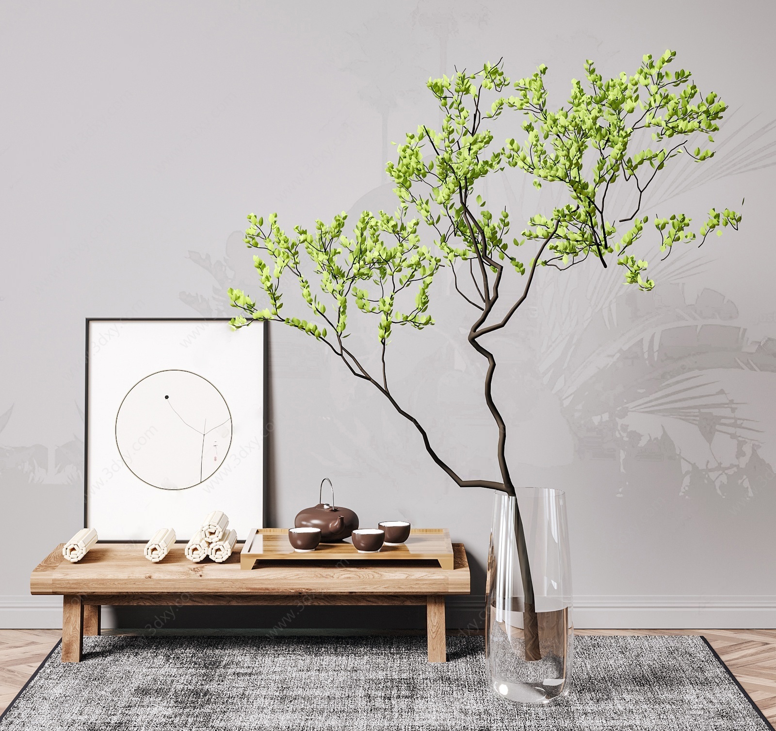 新中式茶桌植物盆栽组合3D模型