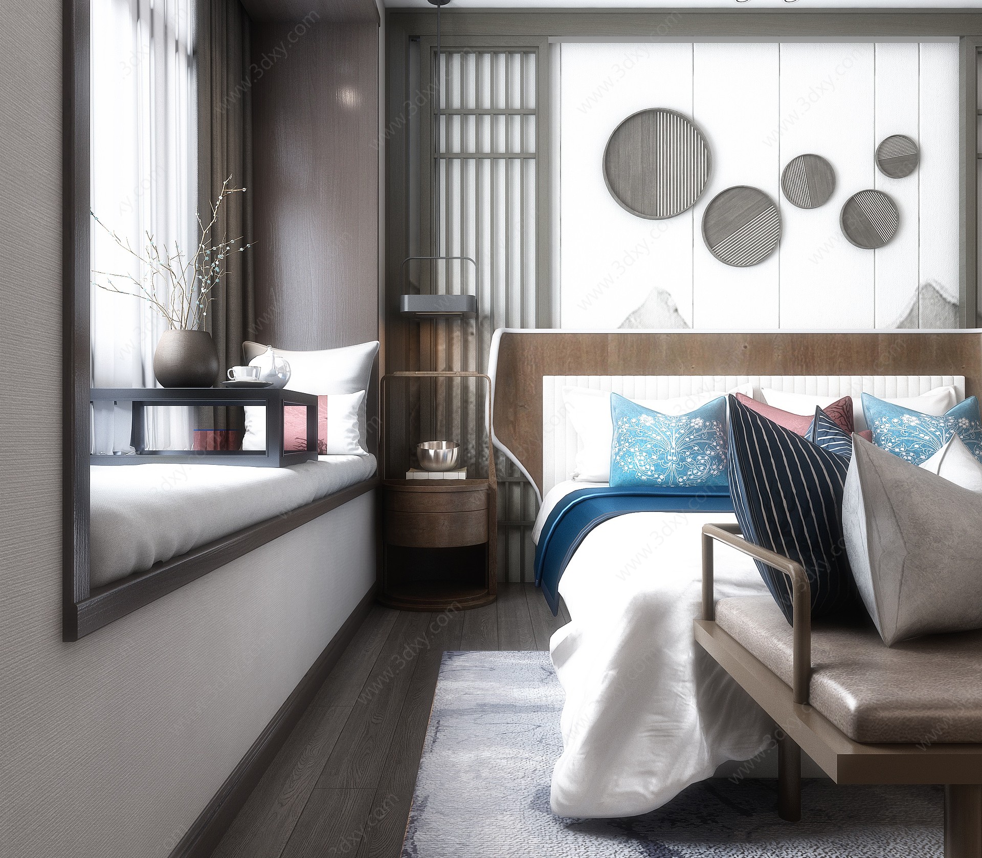新中式卧室床具背景墙3D模型