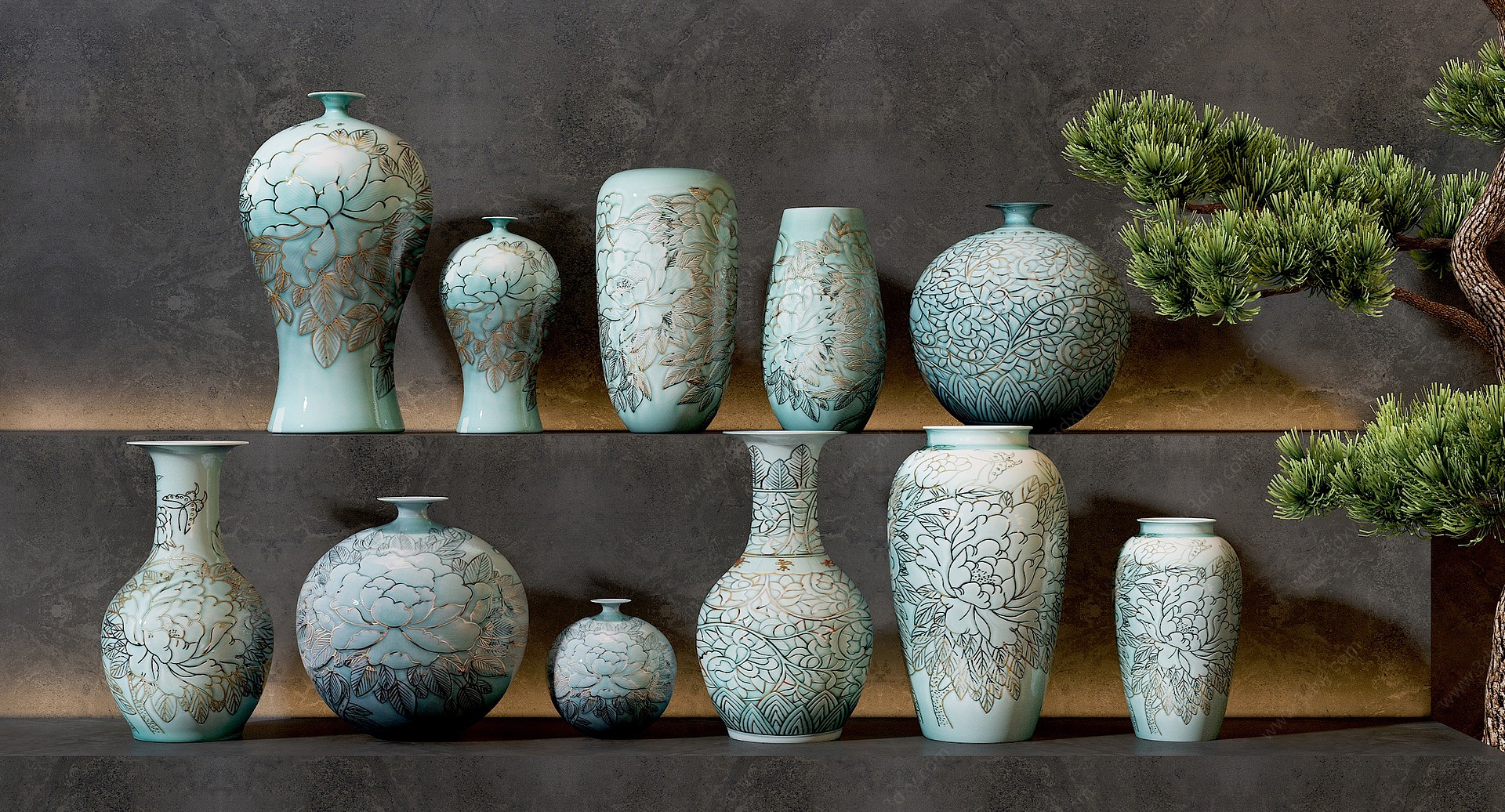 新中式雕花陶瓷器皿3D模型