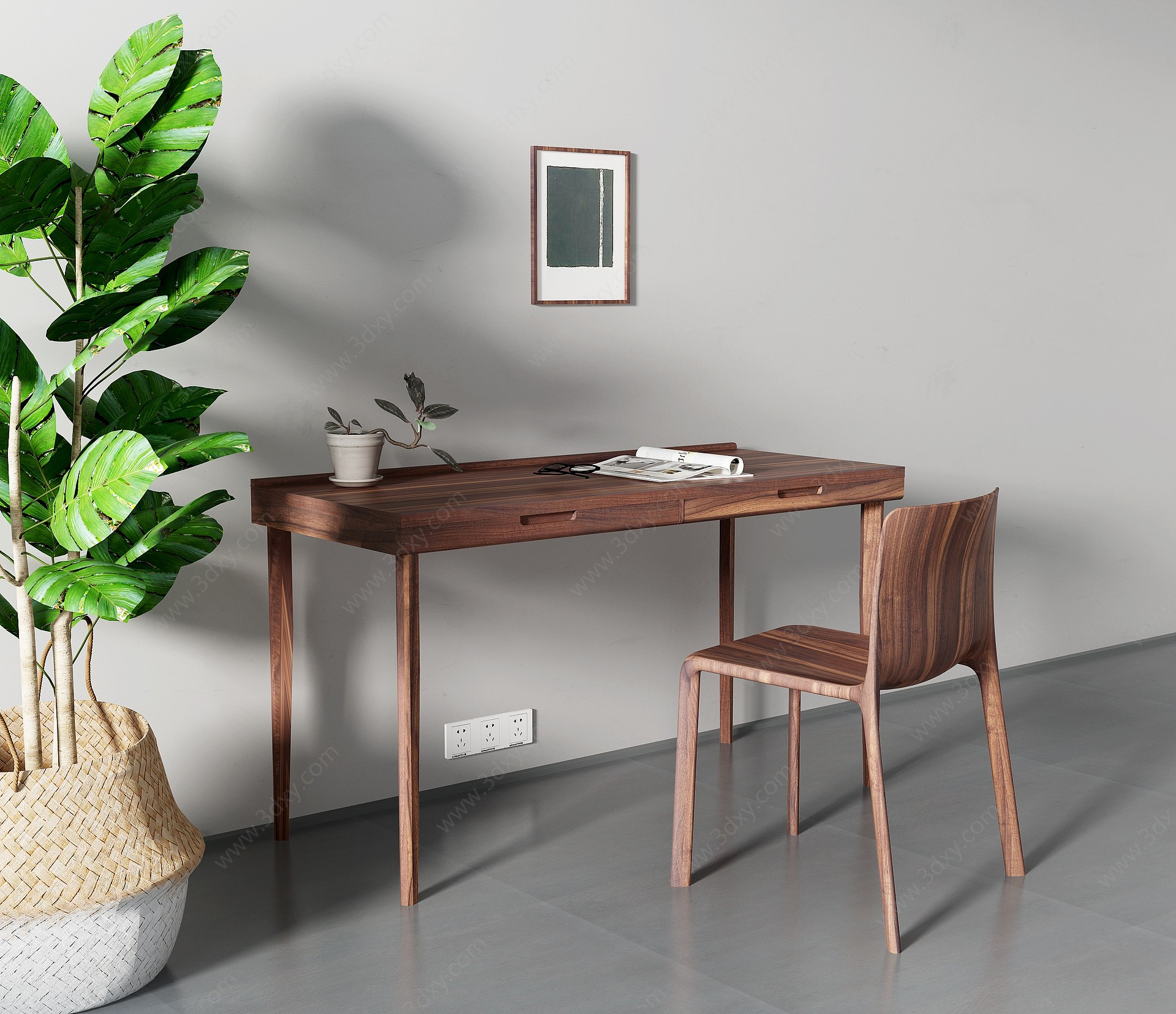 现代原木书桌椅3D模型