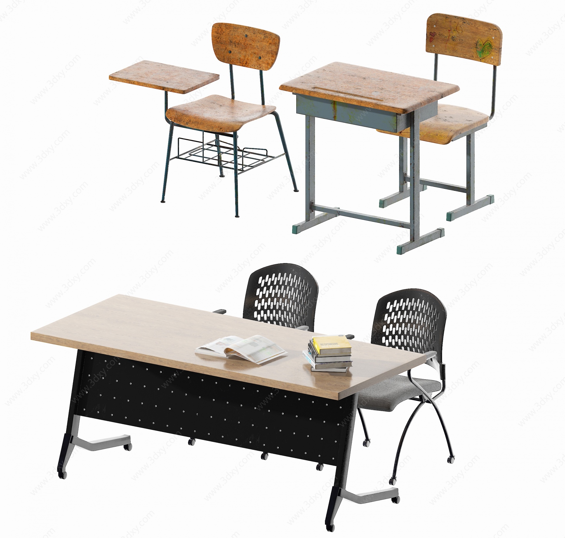 现代学生课桌椅3D模型
