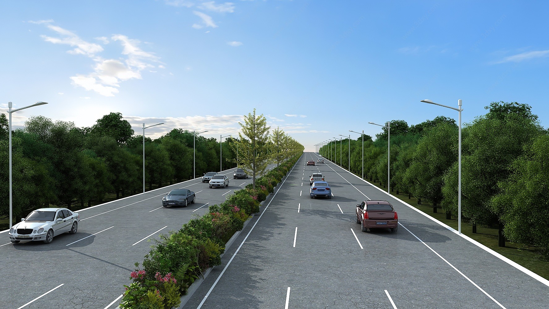 现代双向六车道道路规划3D模型