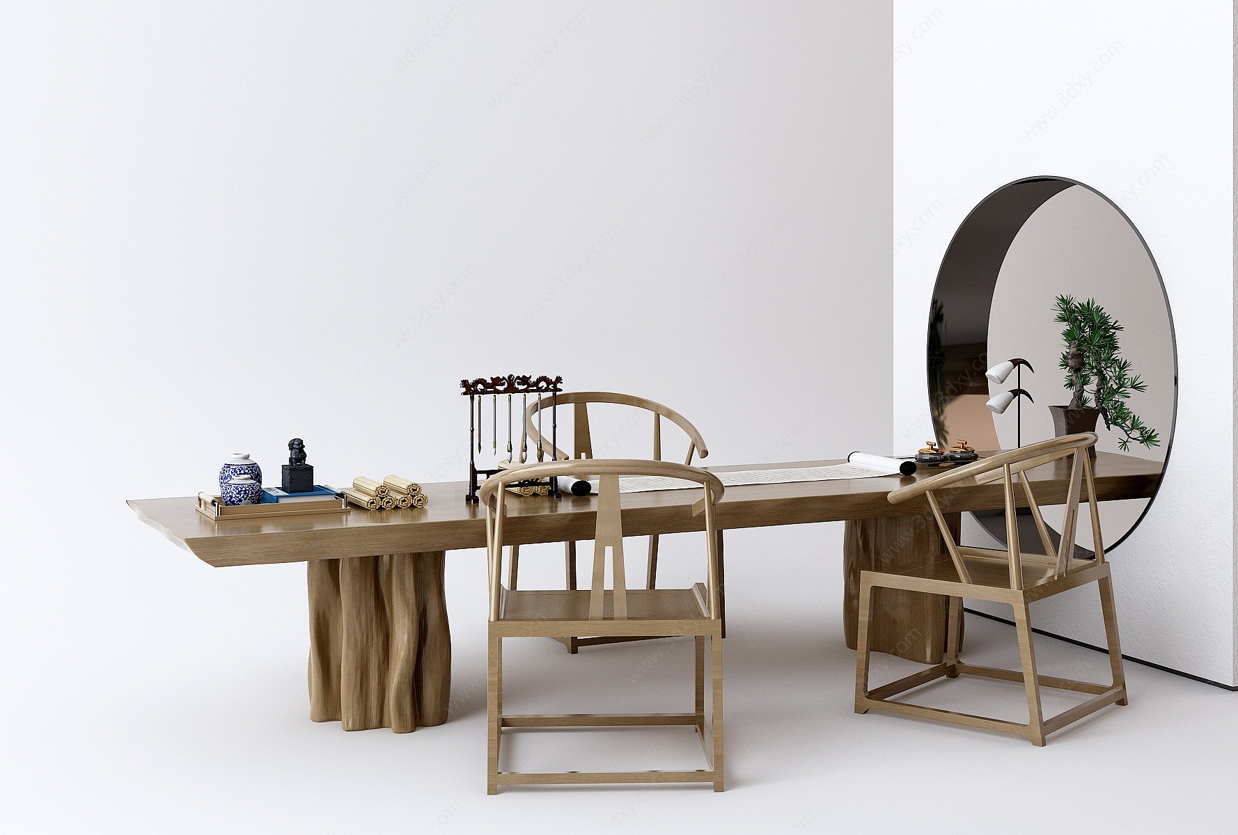 中式办公桌椅茶几3D模型