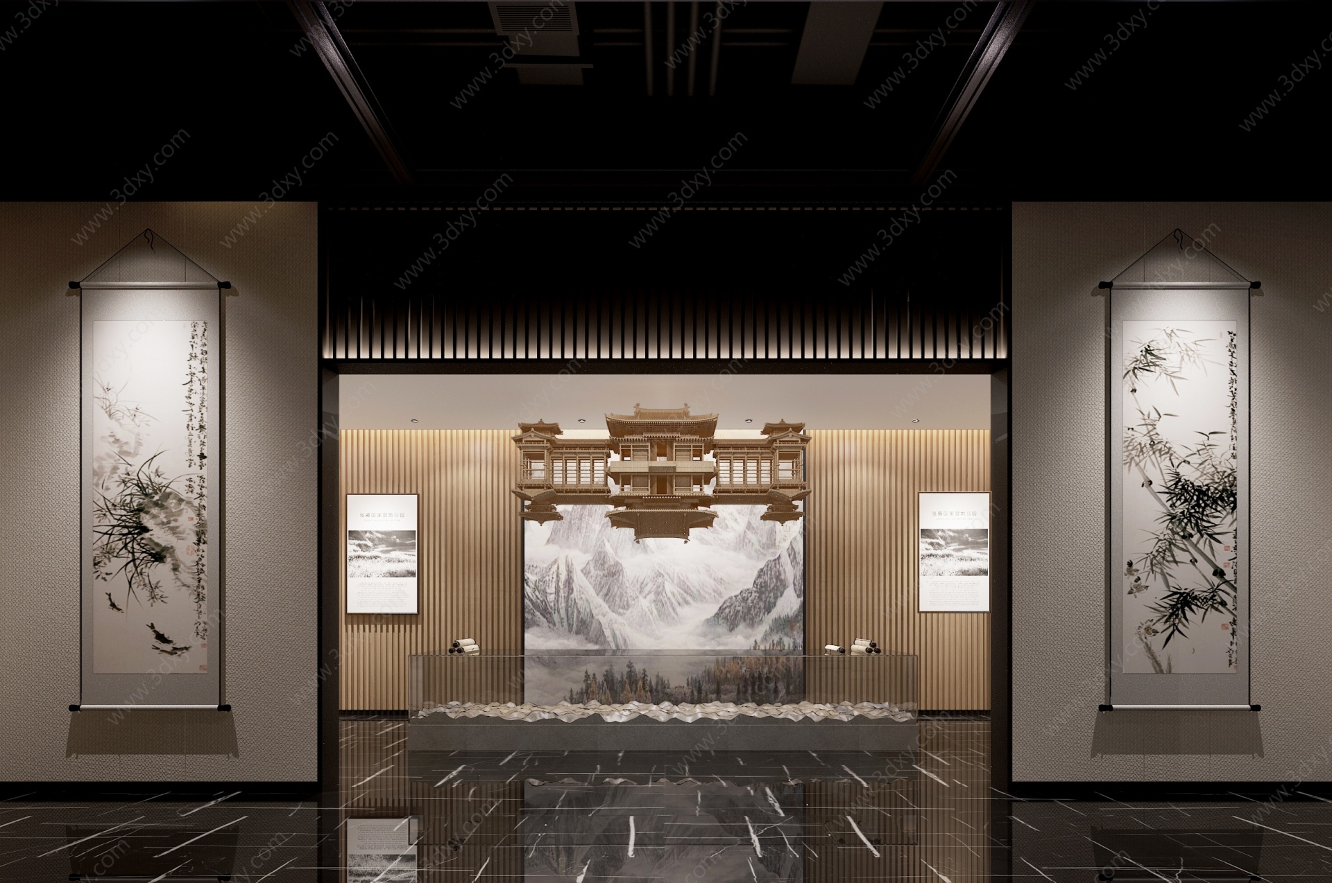 新中式轻奢书画展厅3D模型