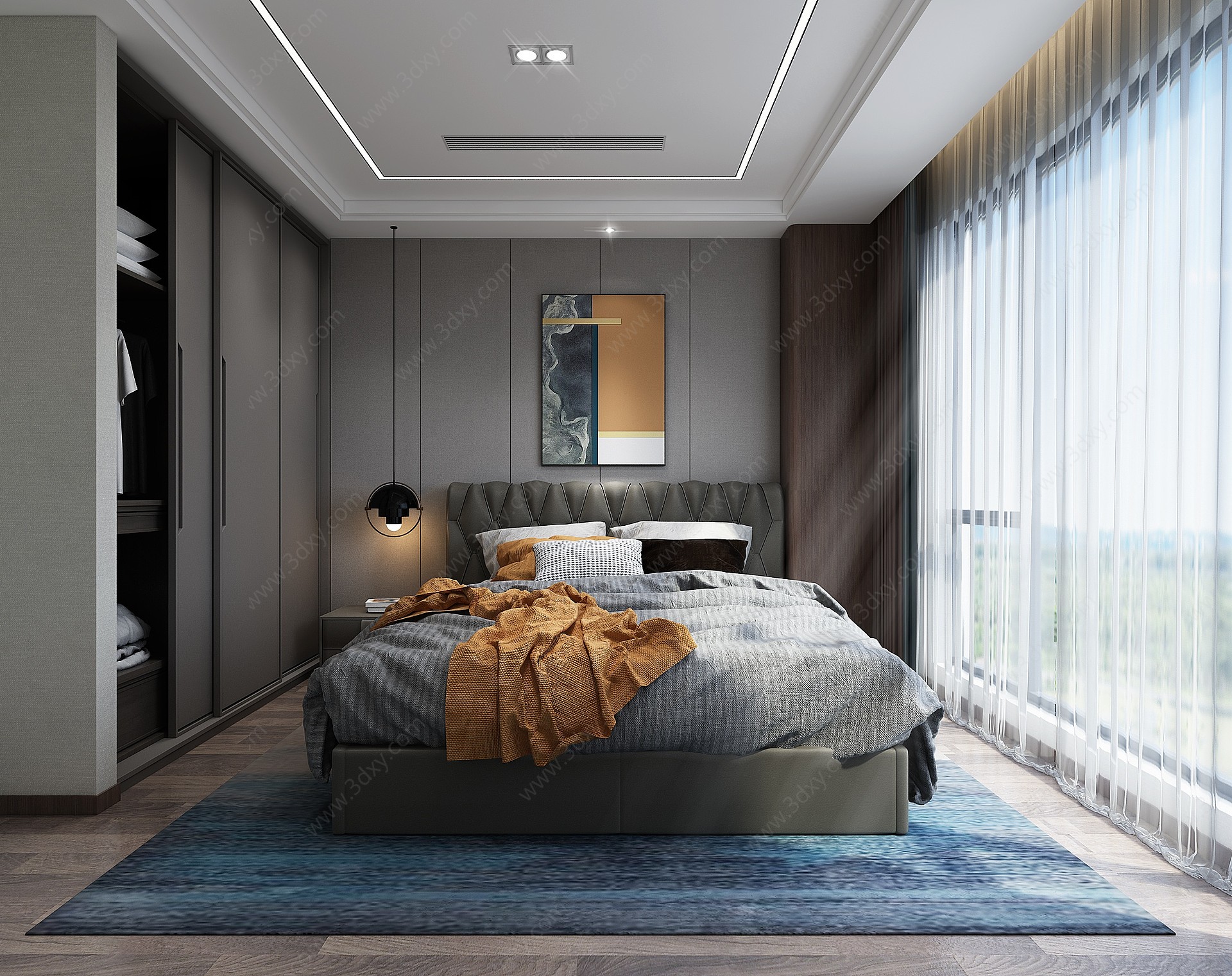 现代卧室吊灯衣柜床组合3D模型