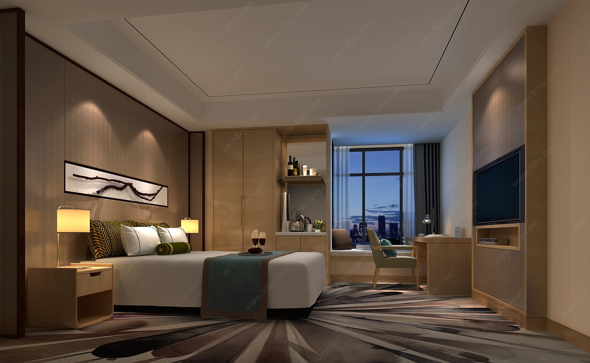 新中式酒店大床房客房3D模型