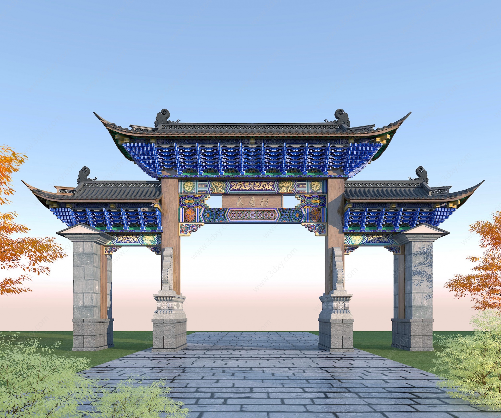 中式古建彩绘牌坊3D模型