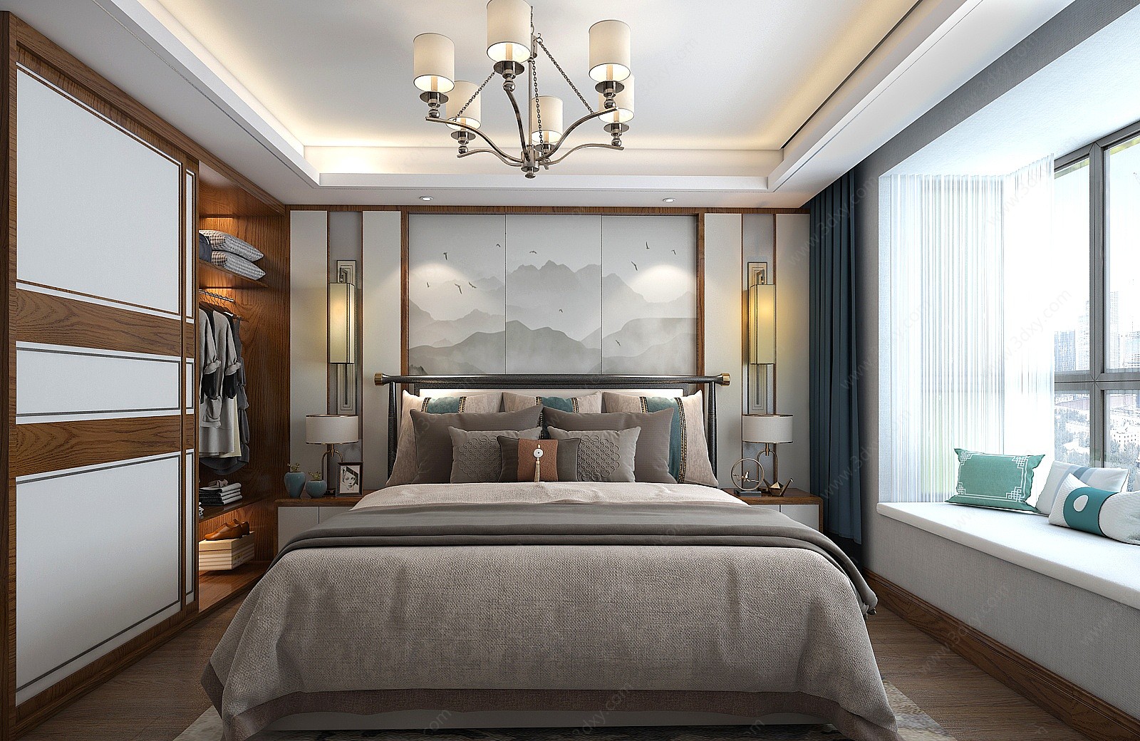 新中式卧室床衣柜抱枕3D模型