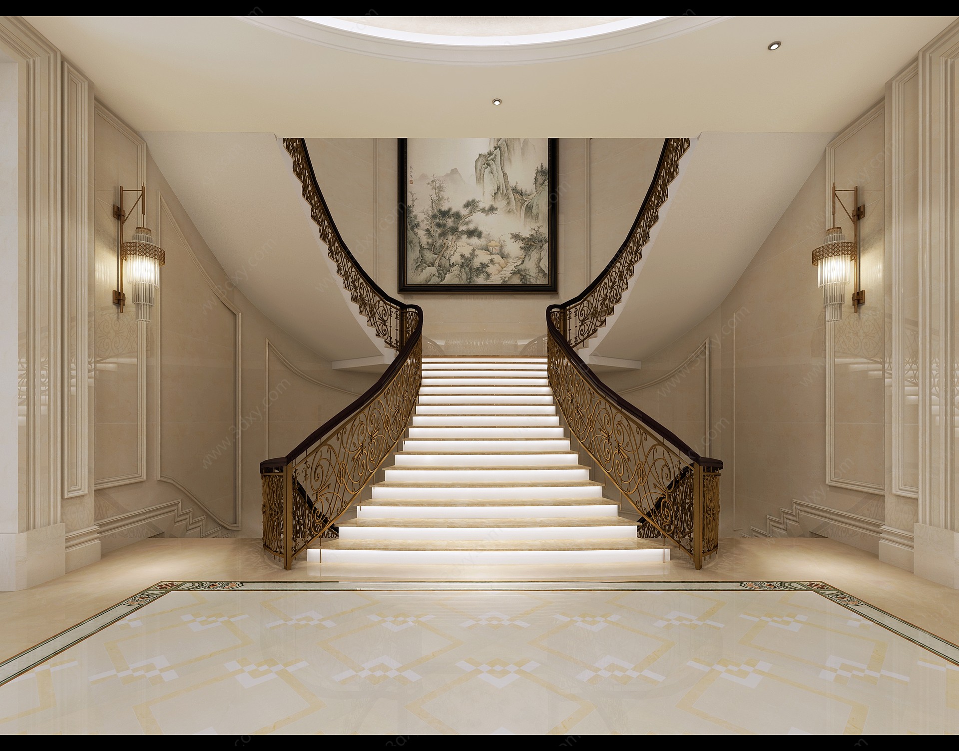 简欧欧式大厅楼梯接待室3D模型