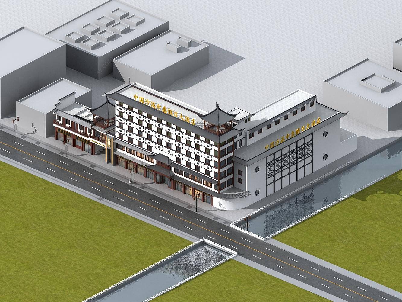中式酒店门头建筑外观3D模型