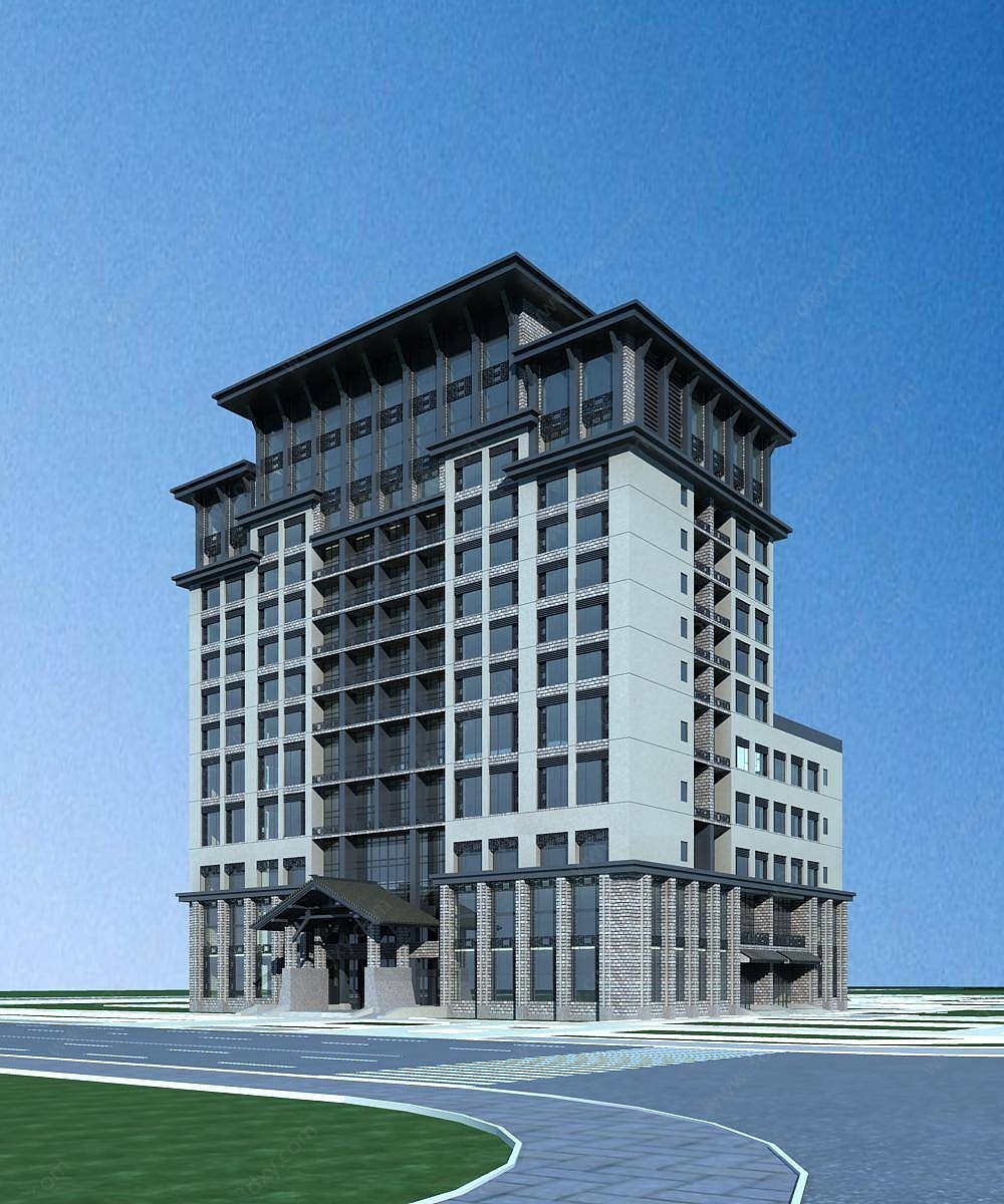 中式高层酒店建筑外观3D模型