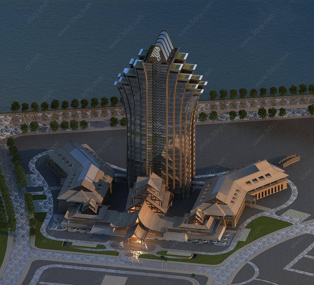 东南亚风格酒店建筑外观3D模型