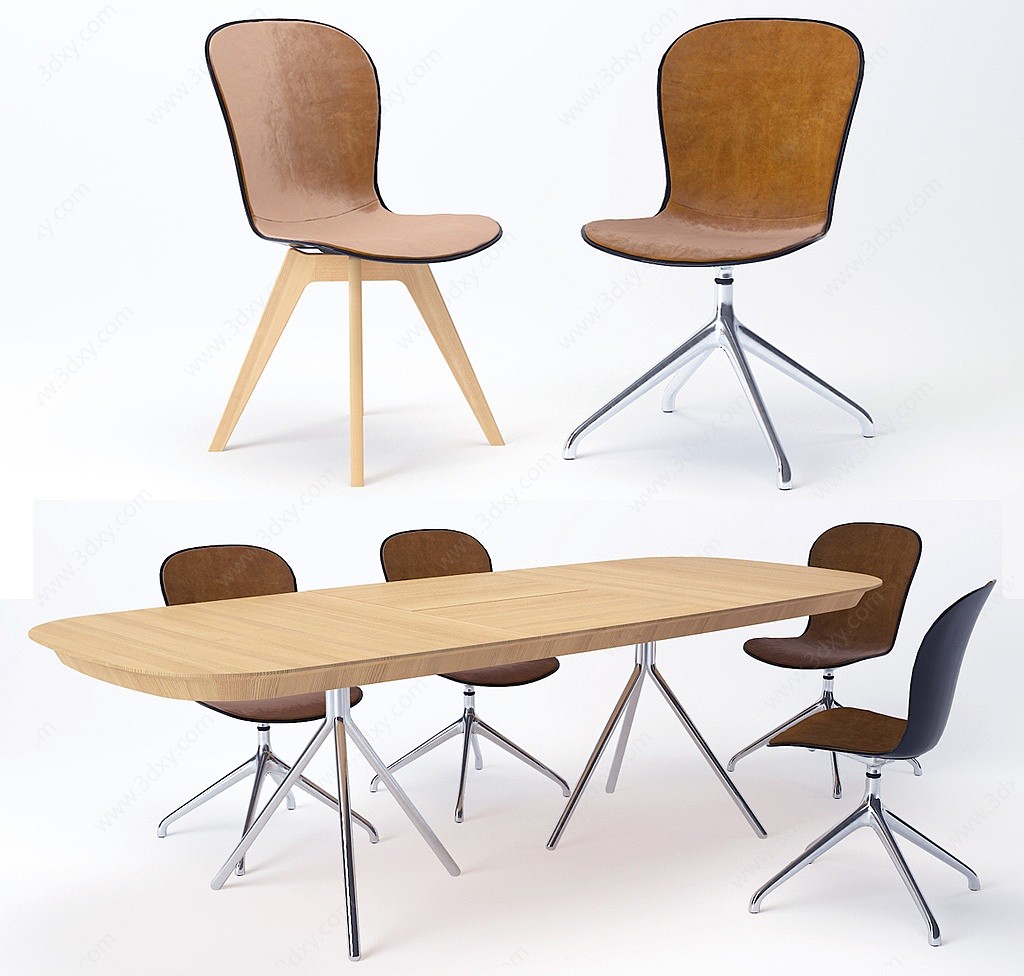 现代实木小会议桌办公椅3D模型