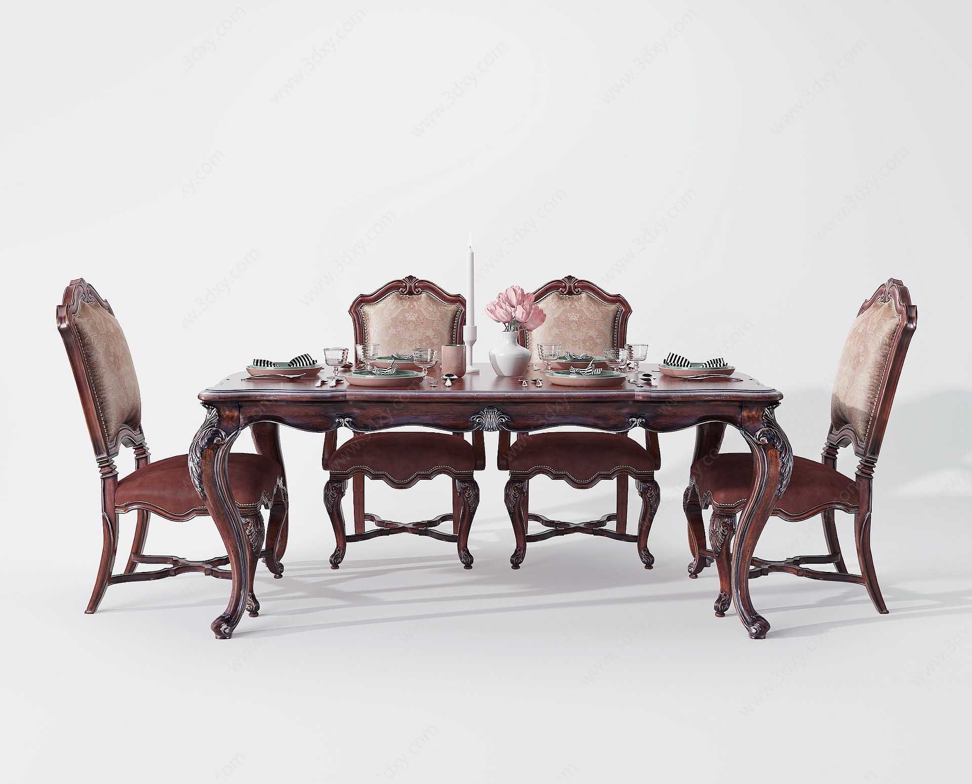 欧式古典实木雕花餐桌椅3D模型