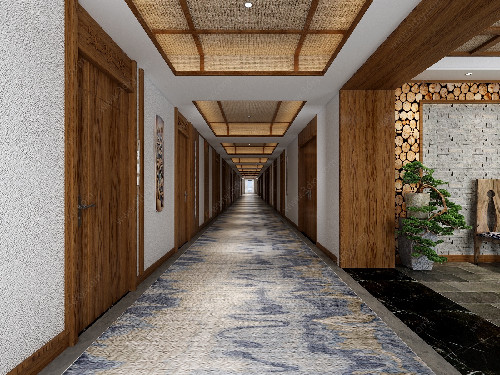 新中式民宿酒店过道3D模型