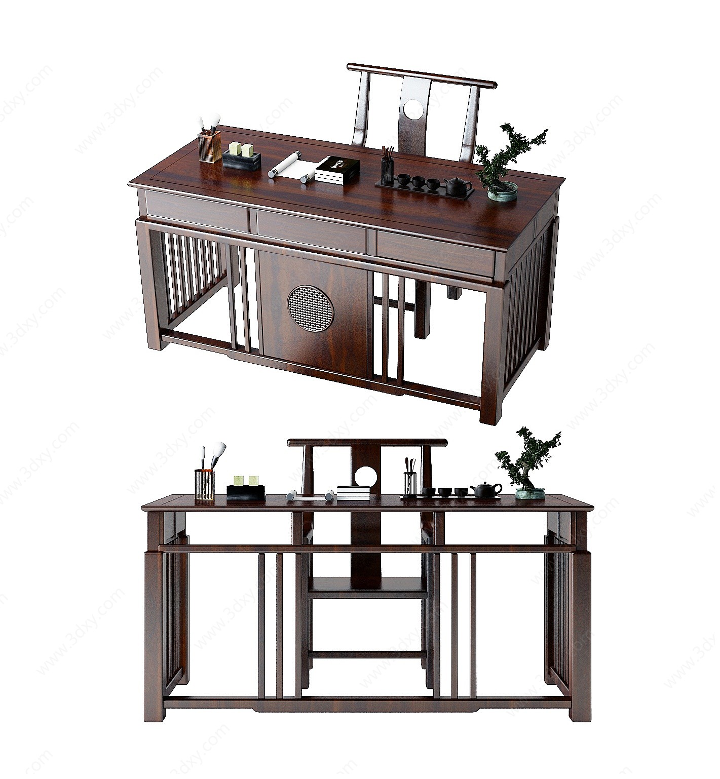 新中式实木书桌椅3D模型
