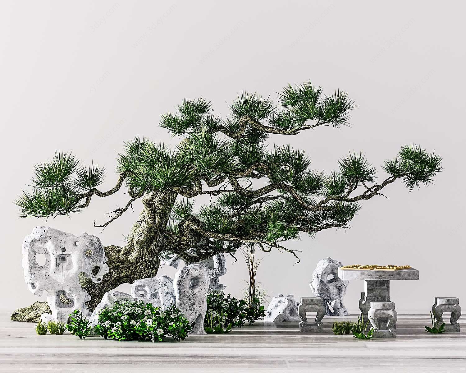 中式绿植假山石桌椅组合3D模型
