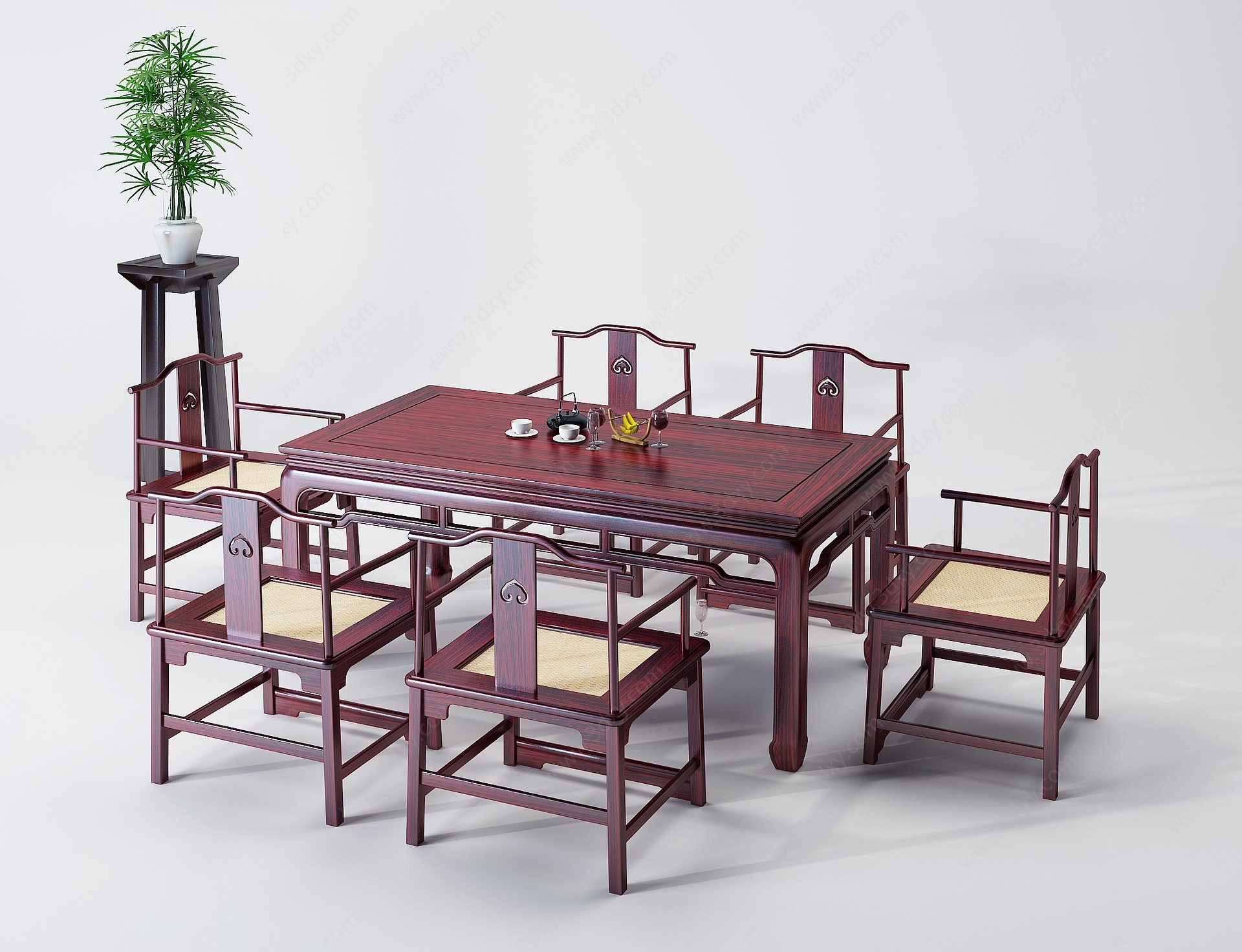 中式古典红木实木餐桌椅3D模型
