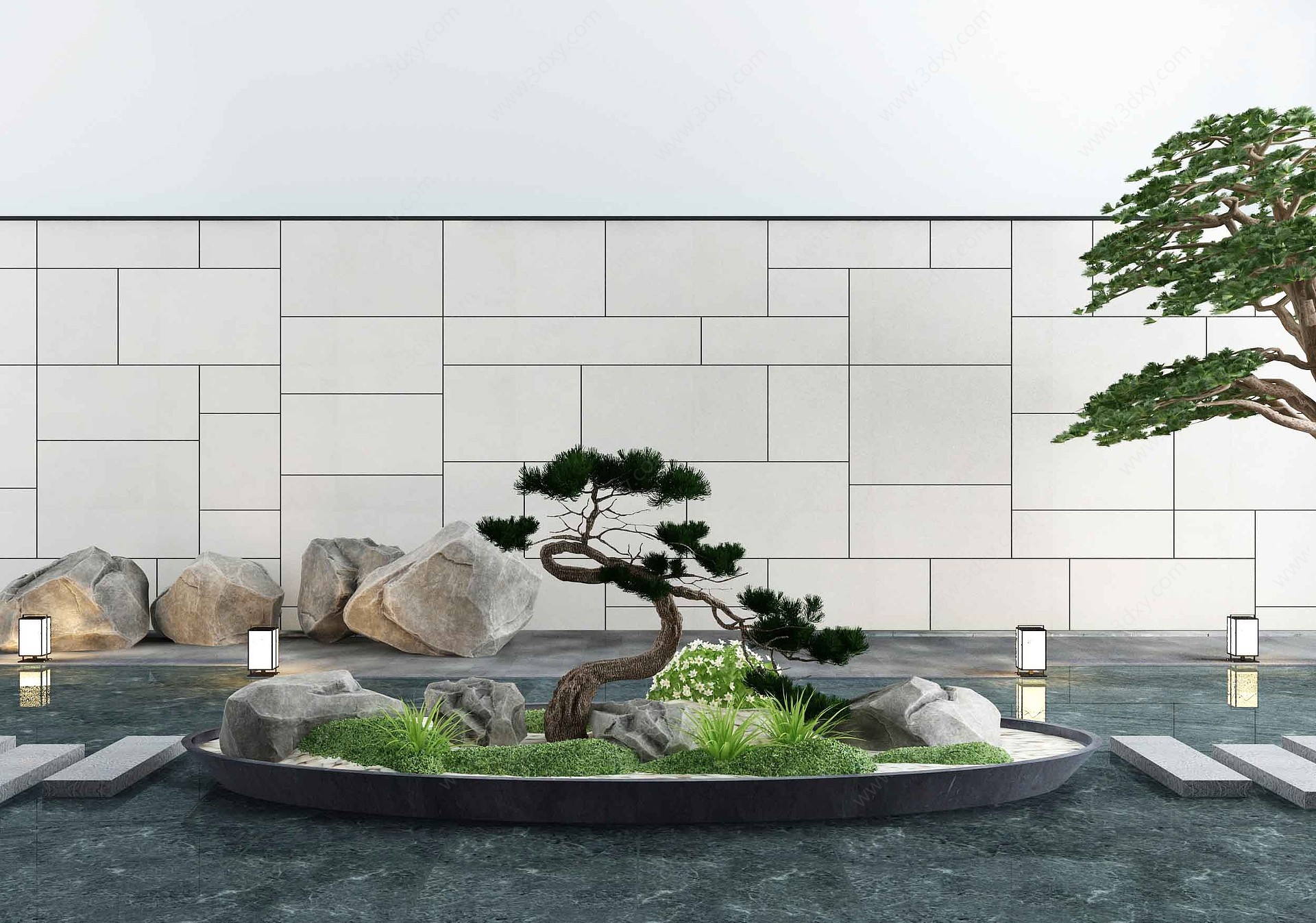 新中式庭院松树石头3D模型