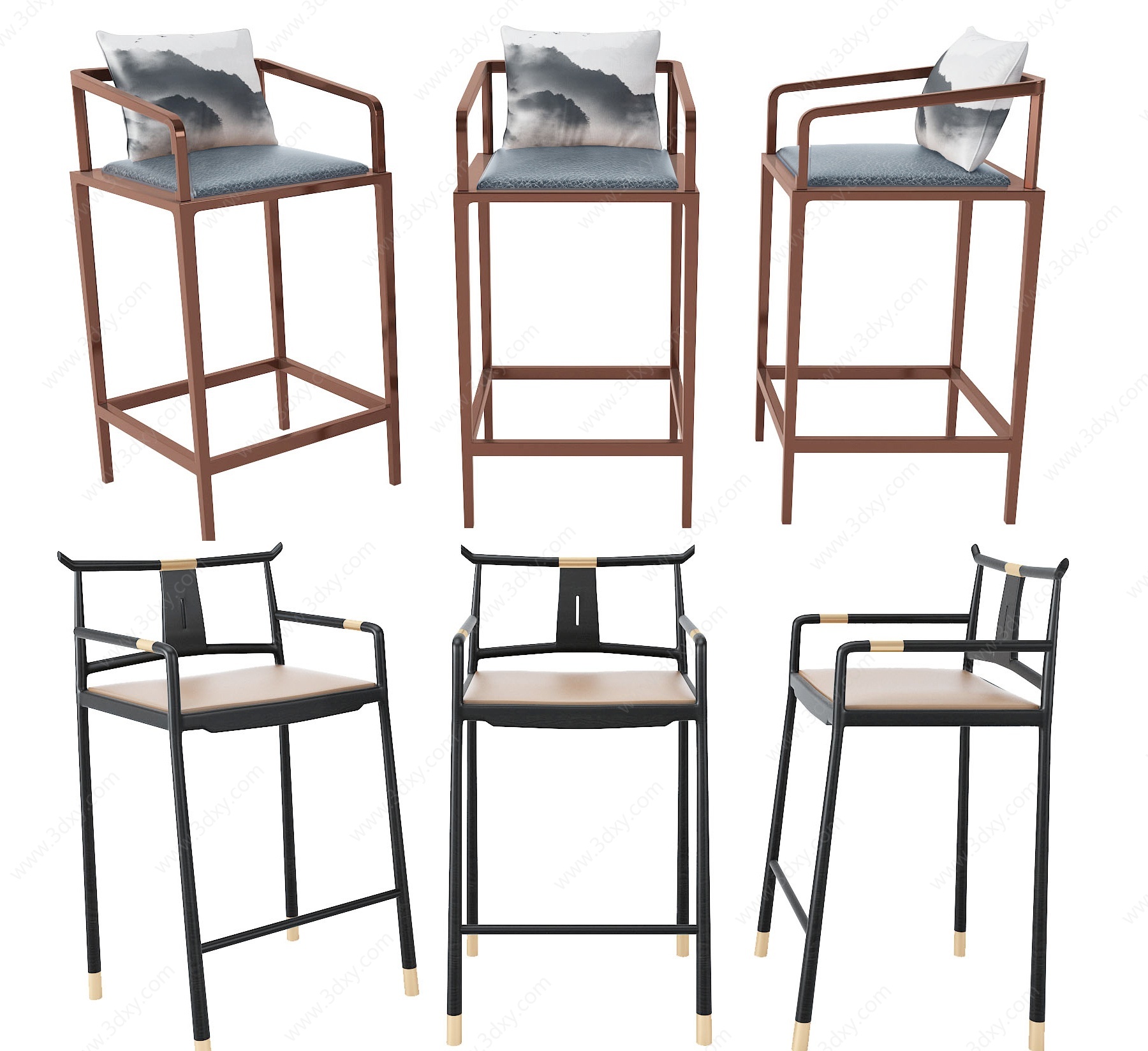 新中式靠背吧台椅3D模型