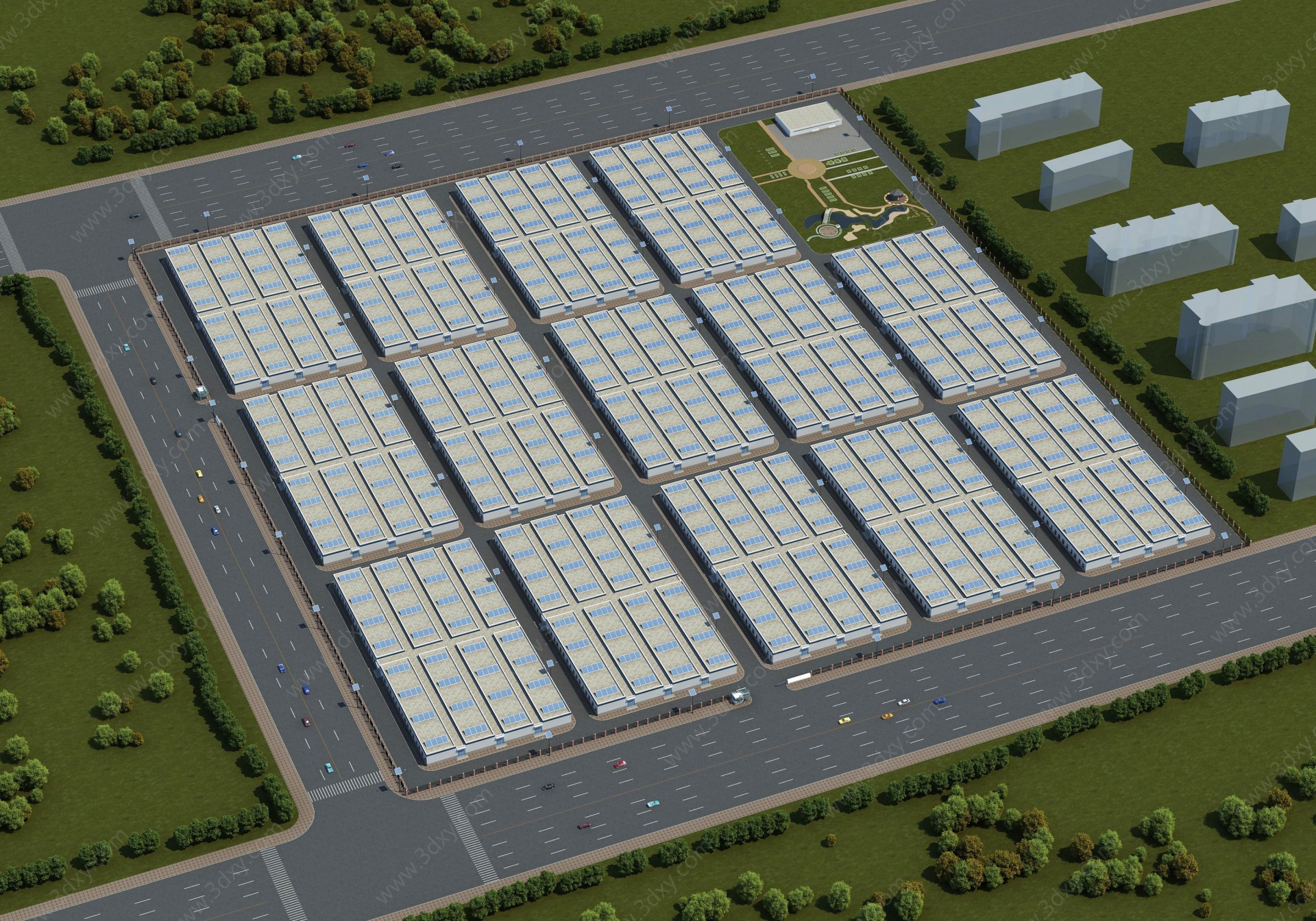 现代厂房太阳能物流园鸟瞰3D模型