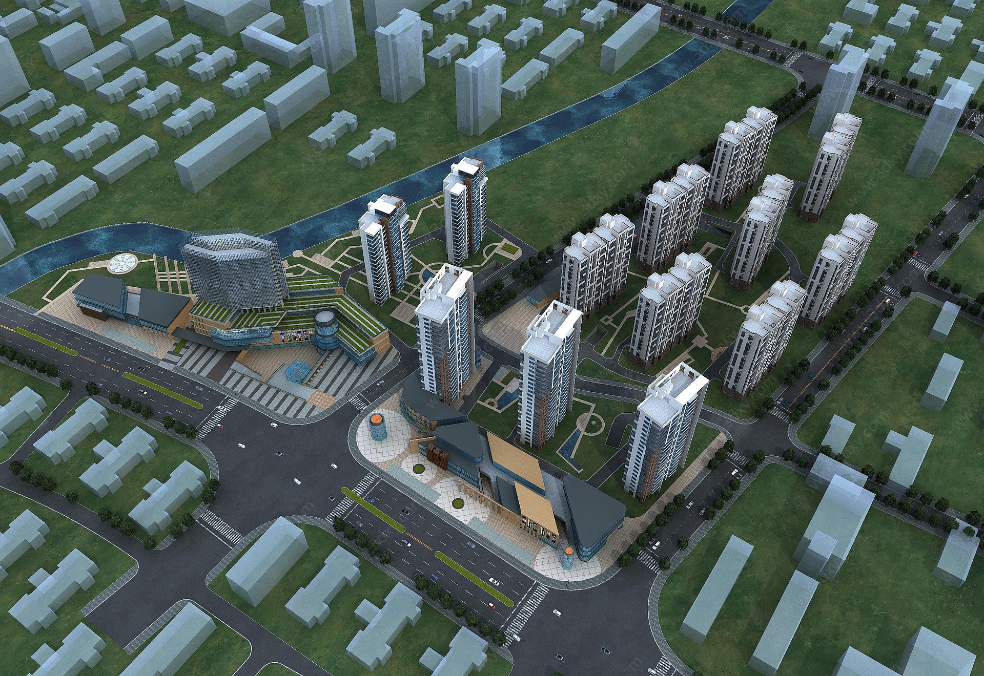 现代鸟瞰高层住宅3D模型
