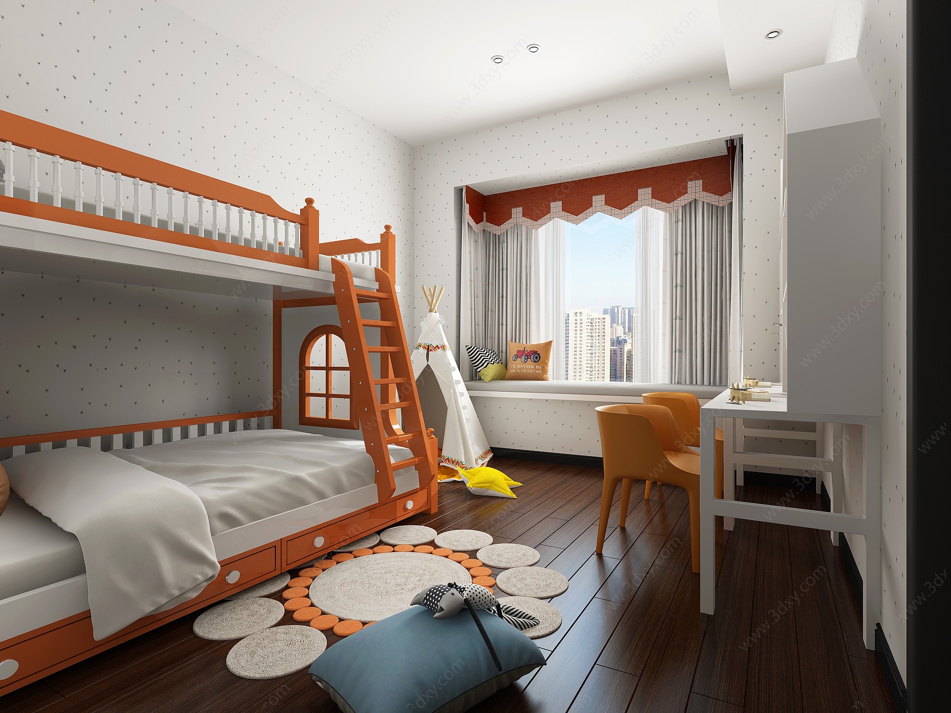 现代爱马仕橙色儿童房3D模型