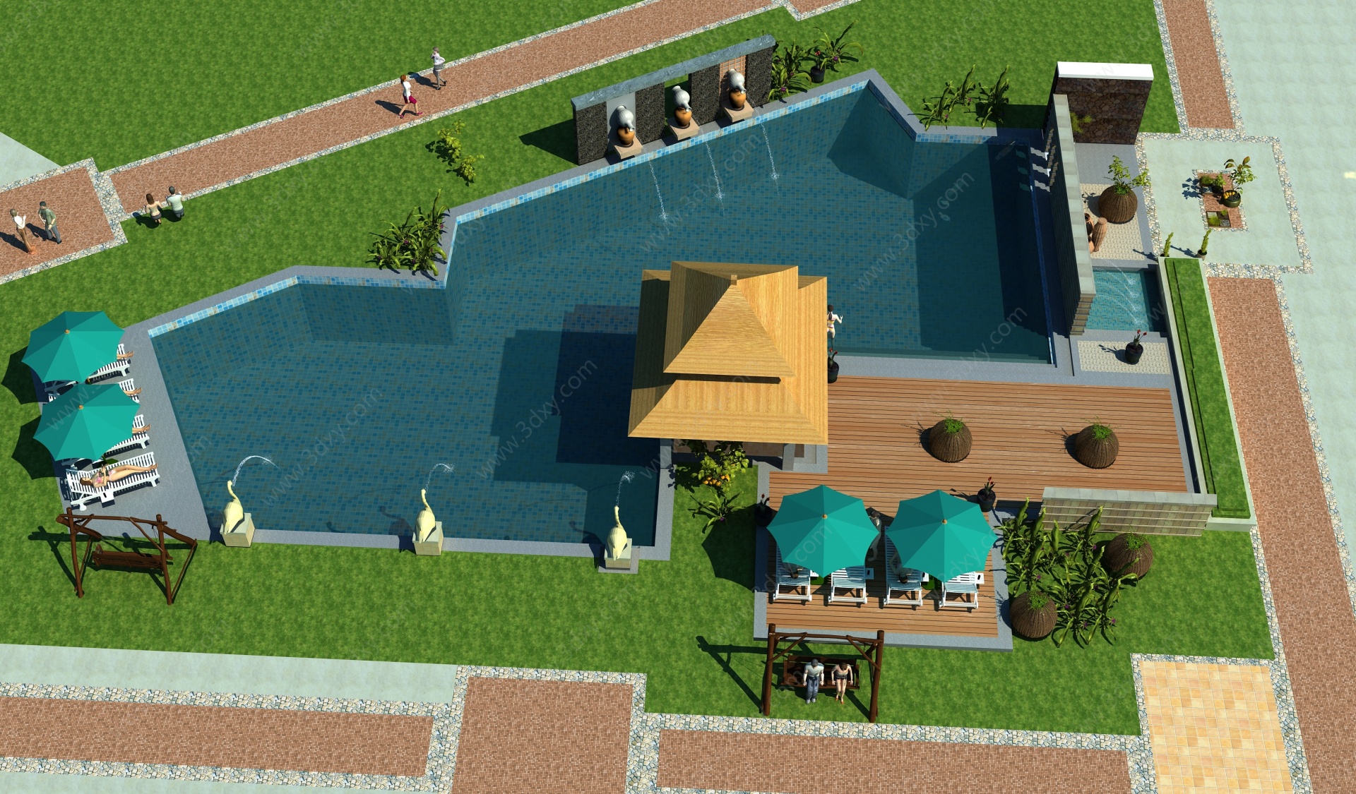 中式户外游泳池水上乐园3D模型