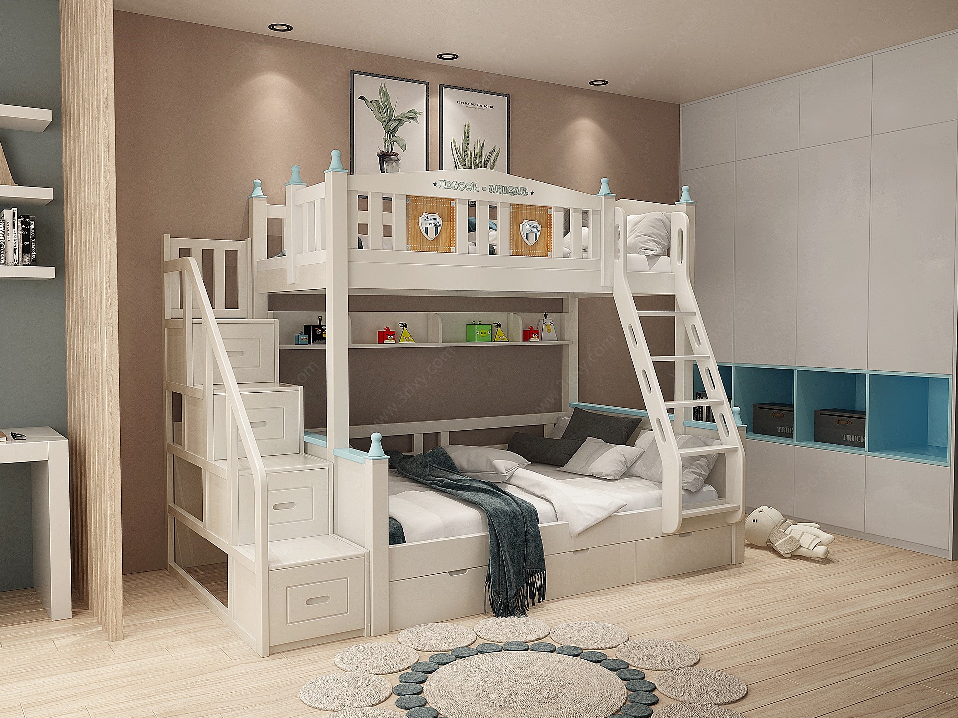 北欧欧式上下铺儿童床3D模型